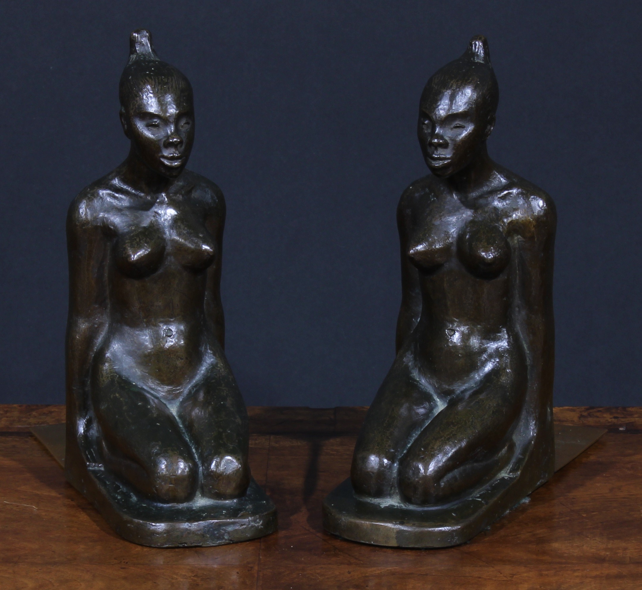 A pair of Art Deco brown patinated bronze bookends, probably Austrian, each cast as a kneeling - Image 3 of 4