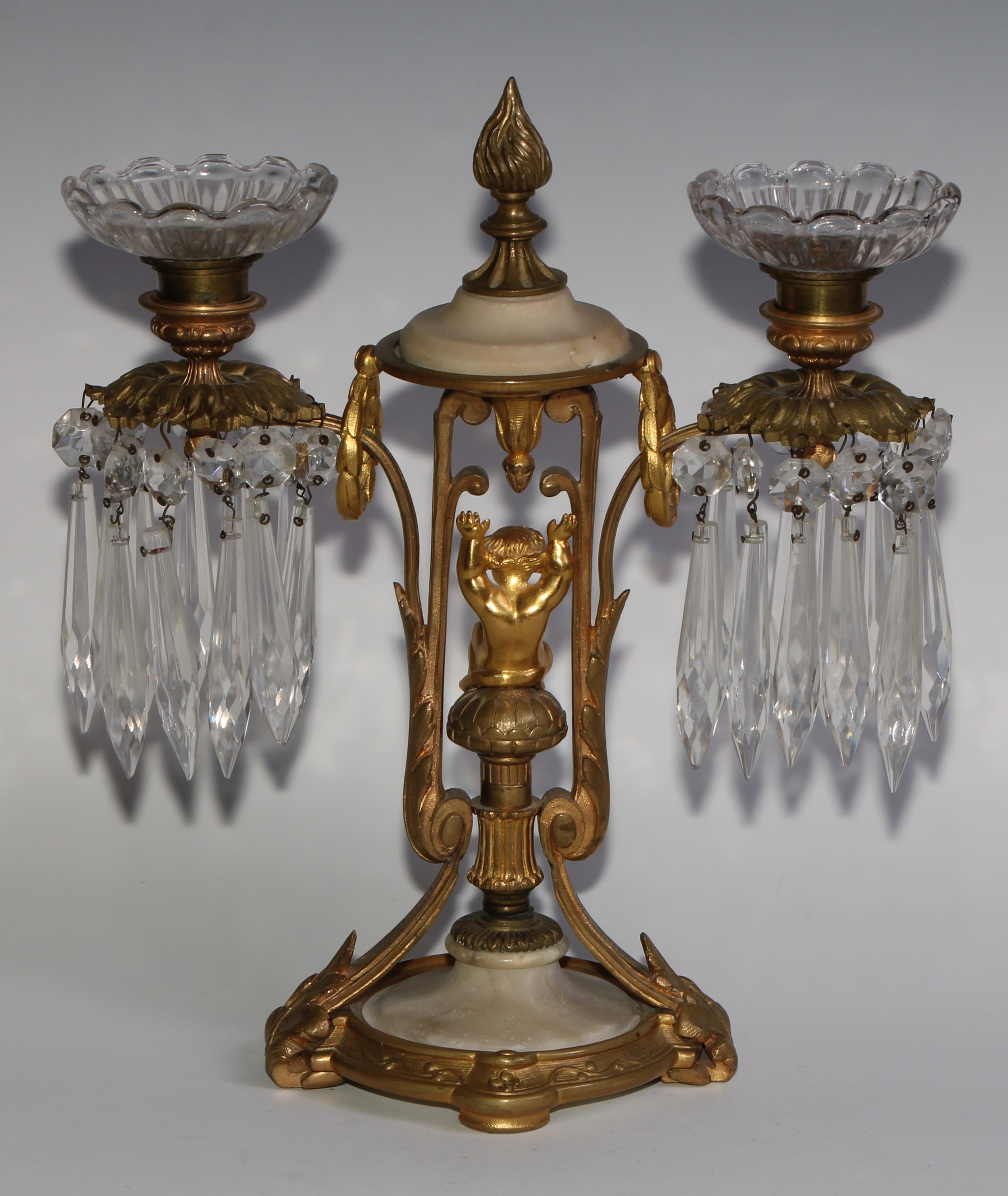 A pair of 19th century French gilt metal and alabaster two-light mantel candle lustres, each centred - Image 10 of 10
