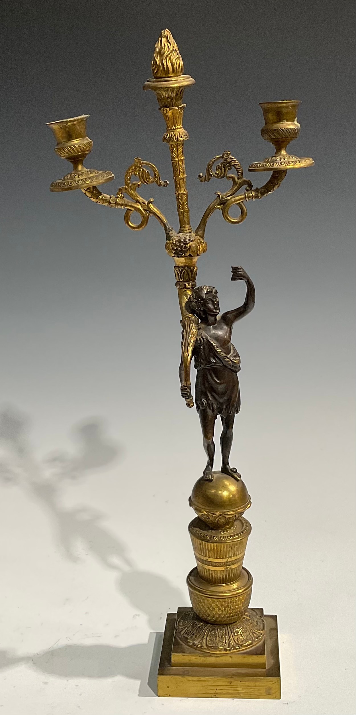 A pair of 19th century French bronze and ormolu figural two-light mantel candelabrum, each Bacchic - Image 3 of 8
