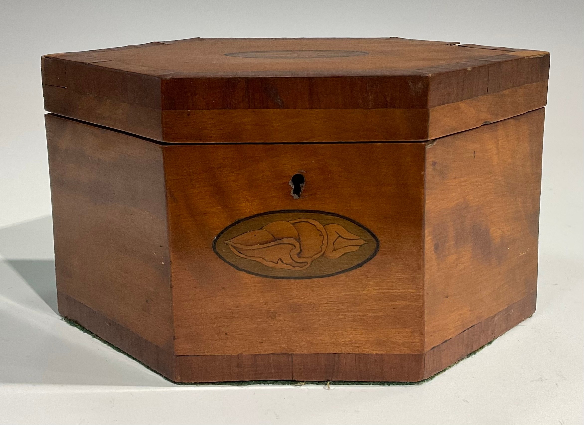 A George III satinwood navette shaped tea caddy, the cover and front inlaid with oval shell and - Image 2 of 7