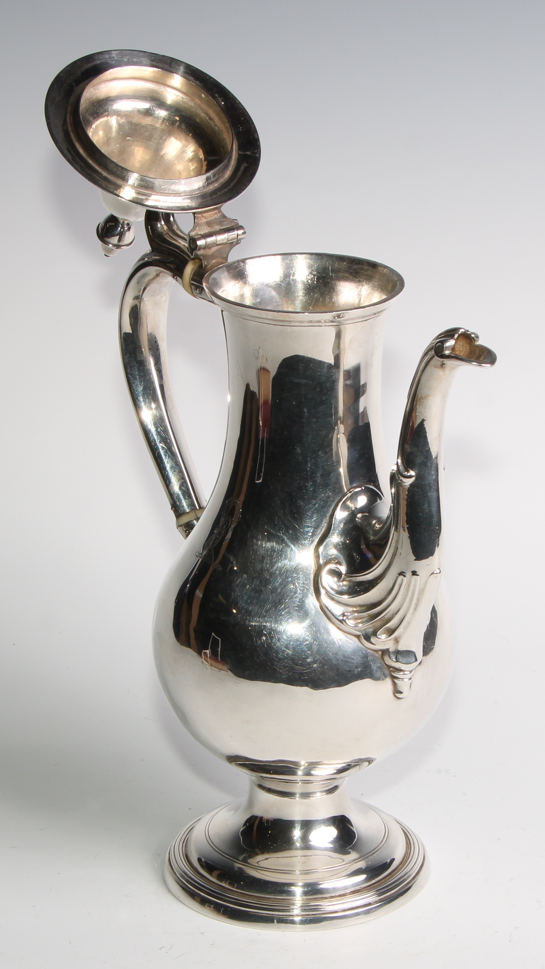 A George III Provincial silver baluster coffee pot, hinged cover with acorn finial, scroll handle, - Image 4 of 6