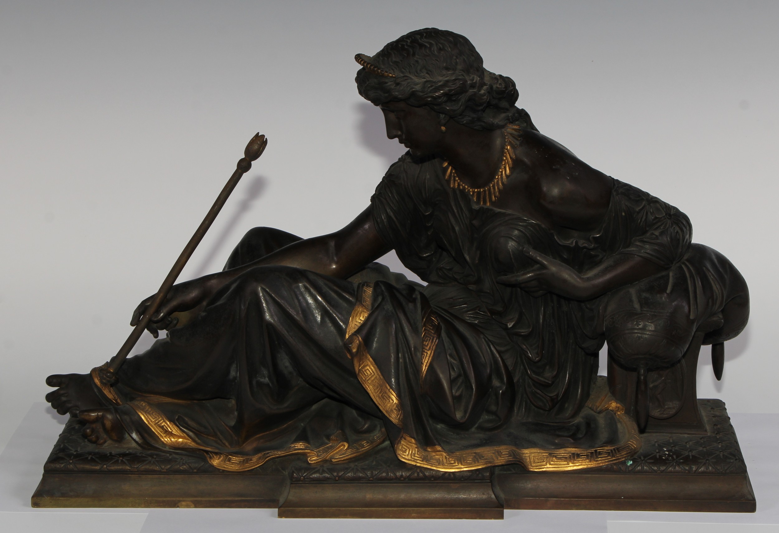 French School (19th century), a dark patinated and parcel-gilt bronze, of Diana, 48cm wide - Image 2 of 5