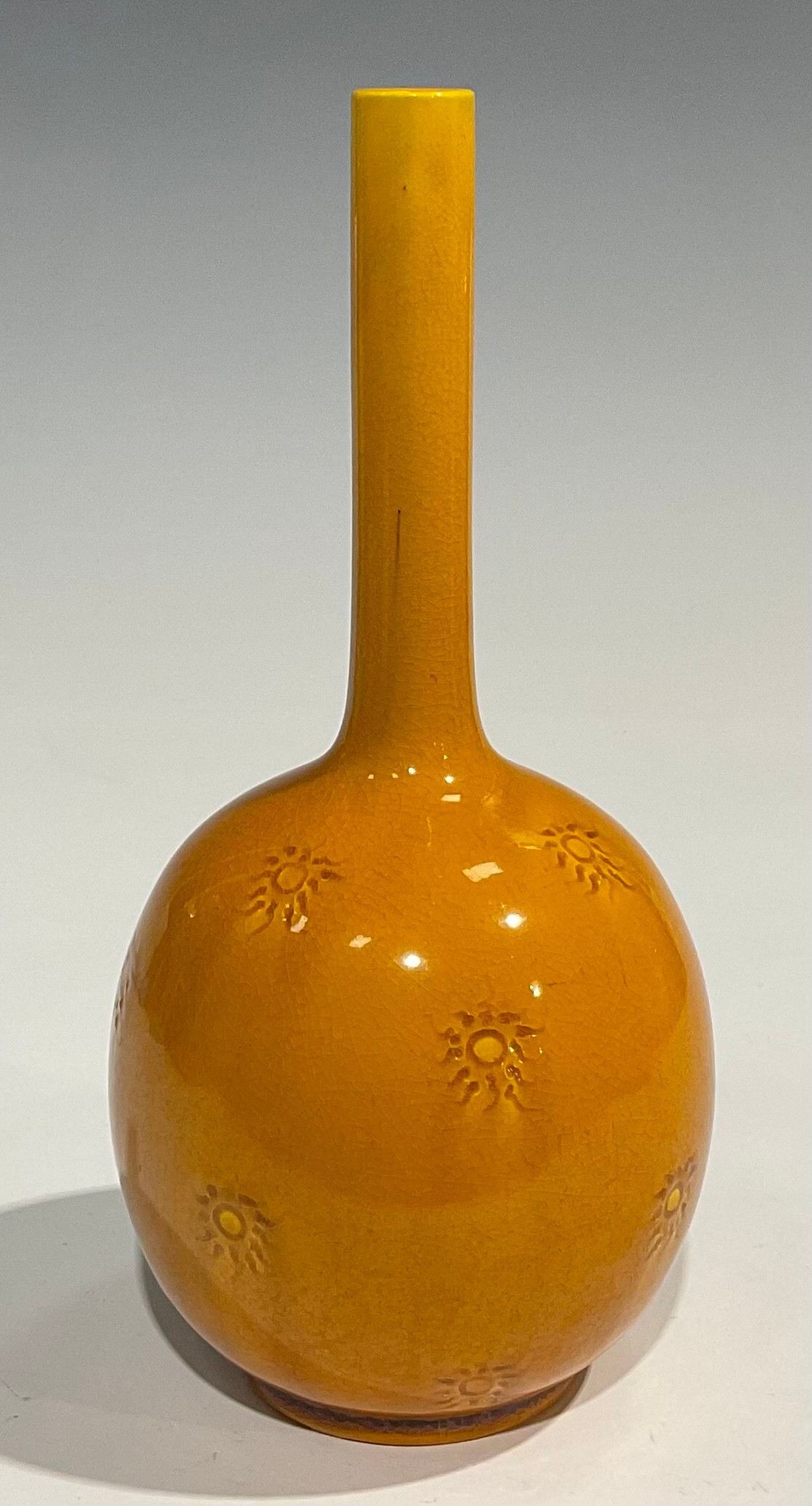 A Burmantofts Faience bottle vase, the globular body applied with sgraffito sunbursts, long - Image 3 of 5