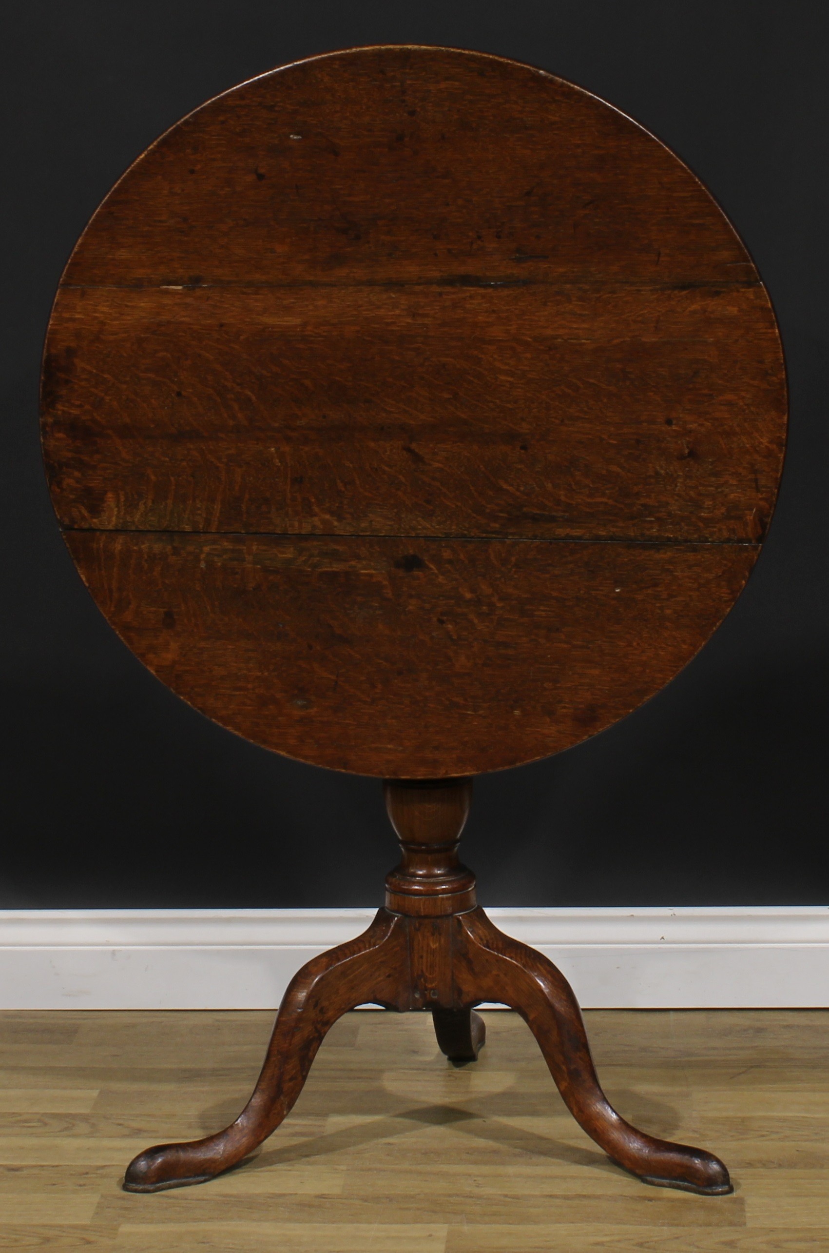 A George III oak tripod occasional table, circular tilting top, cannon barrel column, cabriole legs, - Image 3 of 4