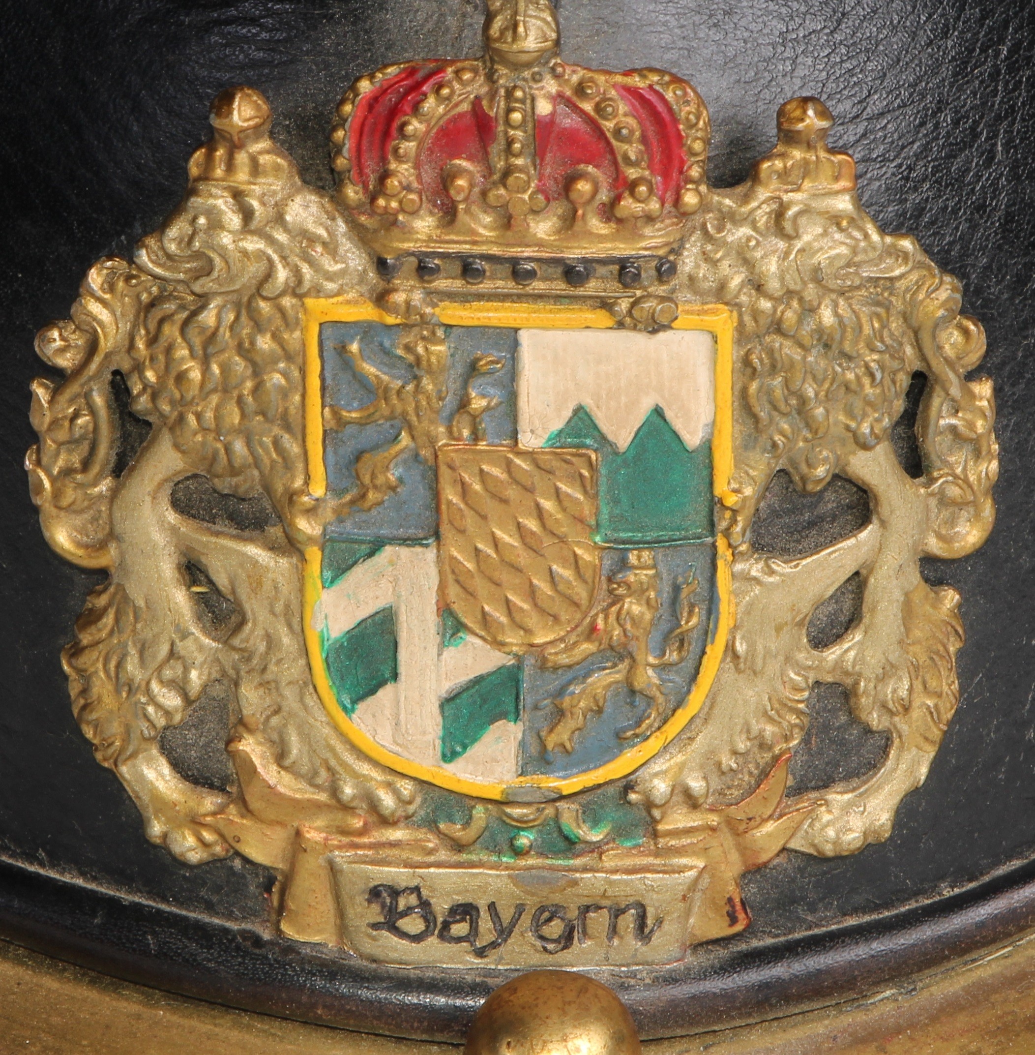 Fire Brigade History - a leather and brass fireman's helmet, applied with the German arms of Bayern, - Image 4 of 5