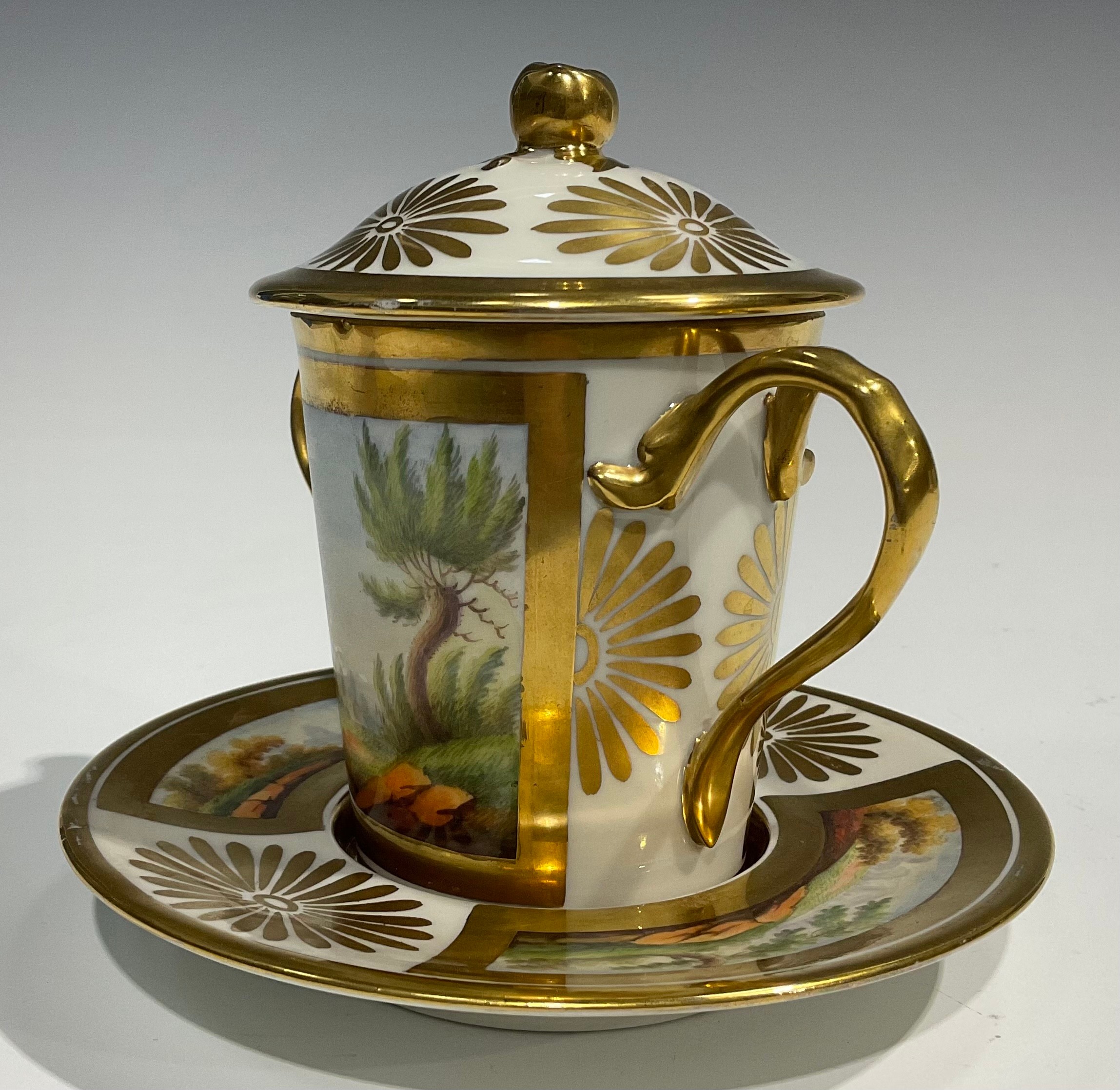 A 19th century Paris porcelain two handled covered chocolate cup and stand, the cup and saucer - Image 5 of 7