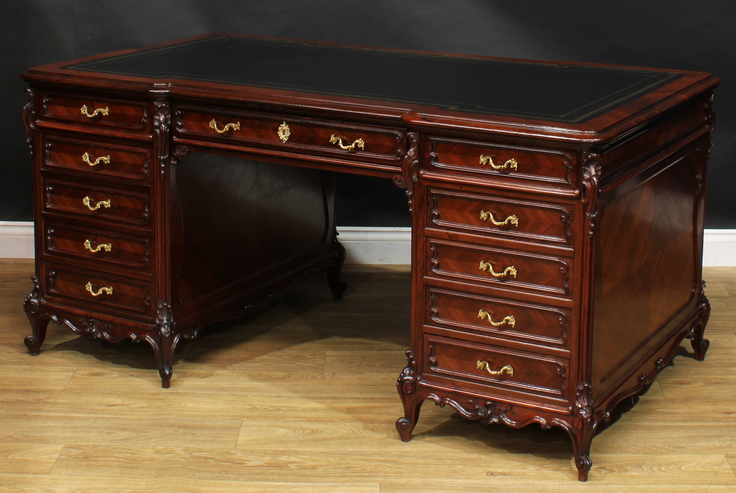 A late 19th century French rosewood and kingwood twin pedestal desk, inverted break-centre top - Image 5 of 7
