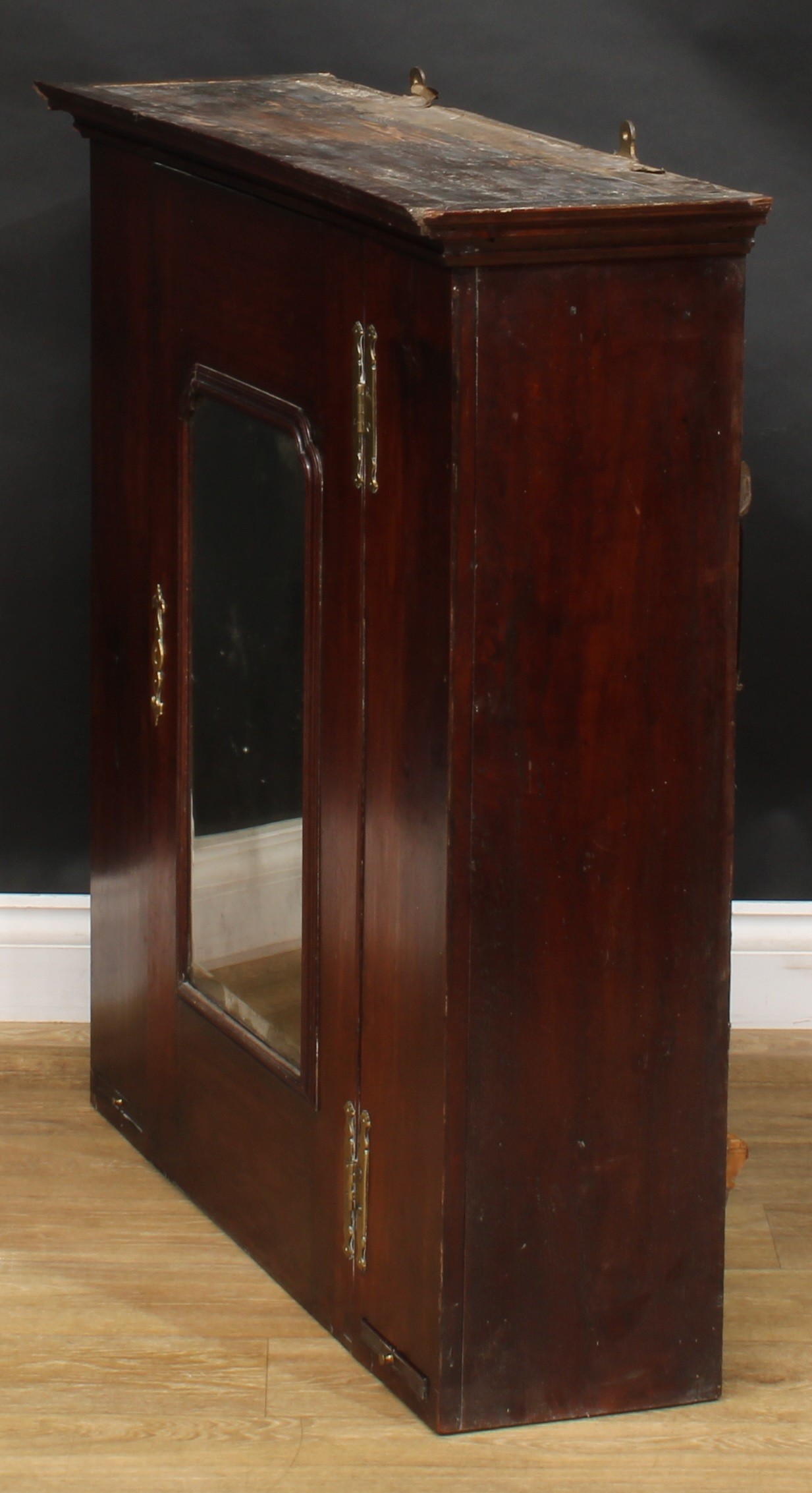 A George III mahogany wall-hanging provision cupboard, moulded cornice above a rectangular door with - Image 4 of 5