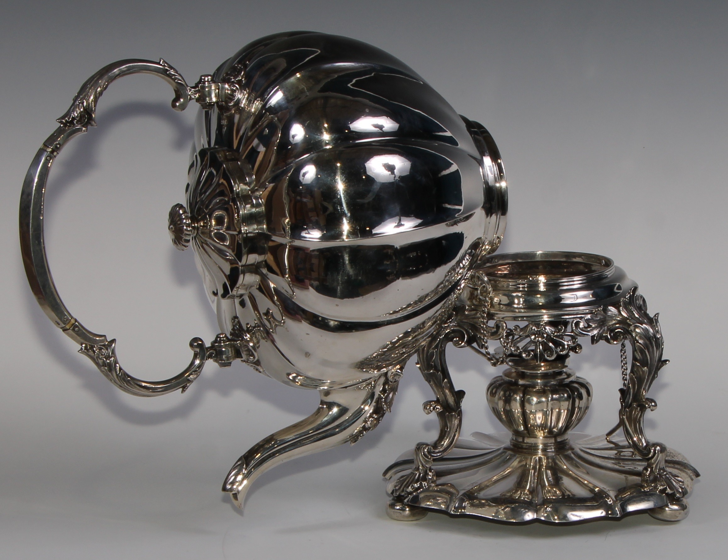 A large early Victorian Rococo Revival silver melon shaped tea kettle, stand and burner, swing - Image 6 of 8