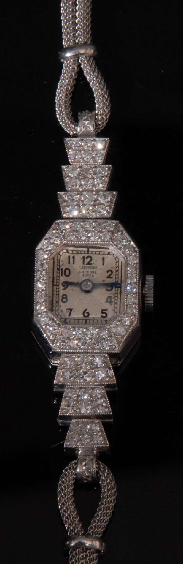 An Art Deco style ladies Bucherer diamond set platinum cocktail watch, silver dial, Arabic numerals, - Image 2 of 3