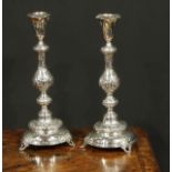 Judaica - a pair of Russian Empire silver Jewish Sabbath candlesticks, knopped pillars, domed