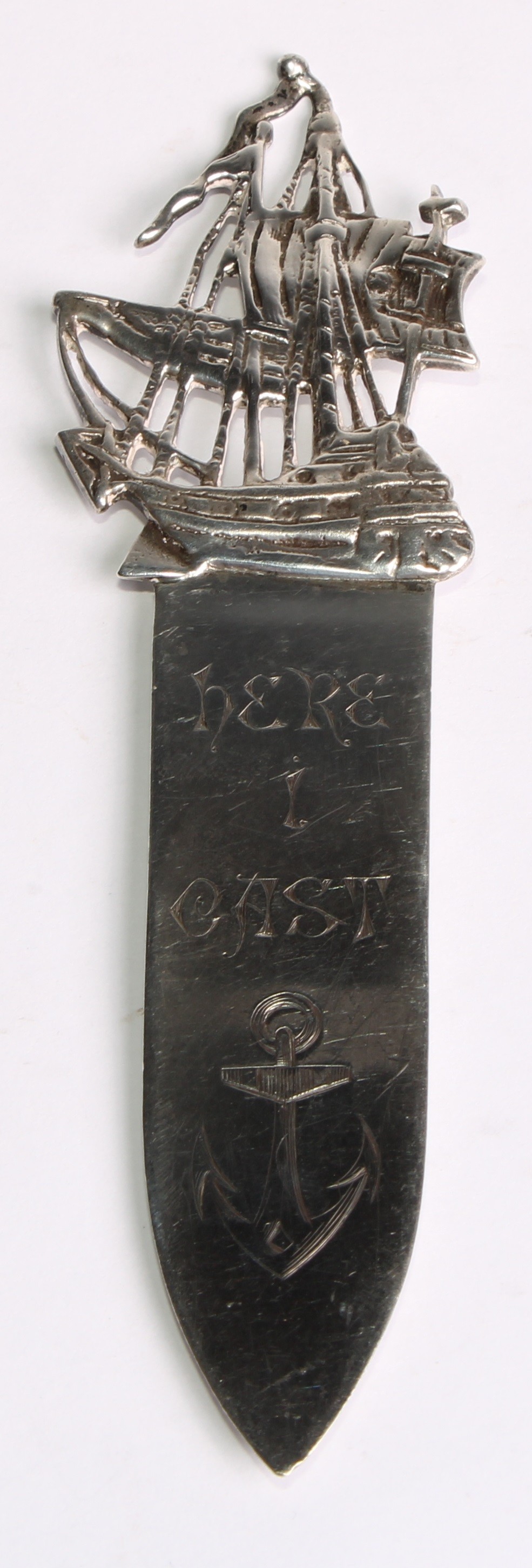 Signopaginophilia - an Victorian silver novelty bookmark, the terminal cast as a sailing ship, the - Image 3 of 7