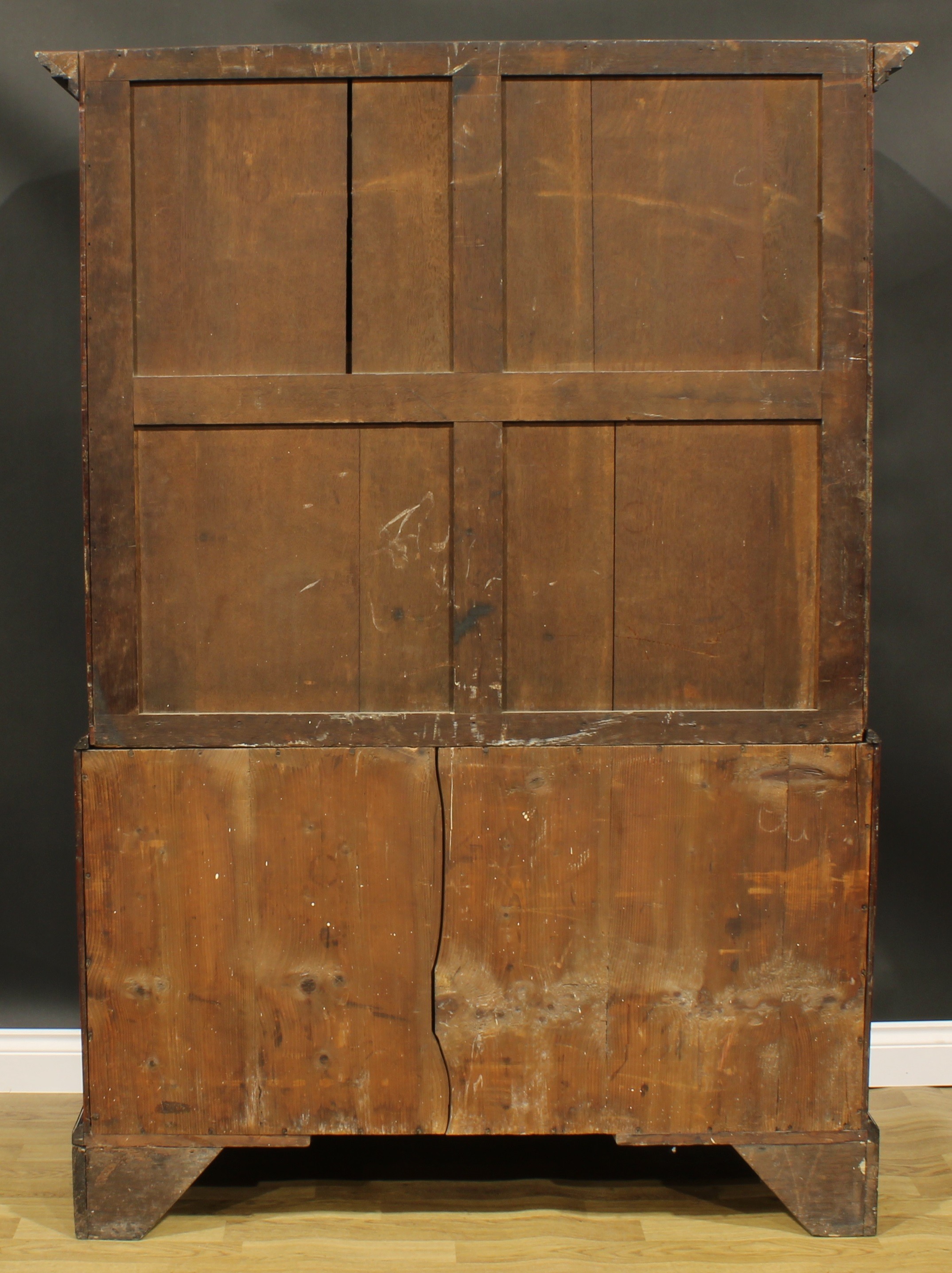 A 19th century mahogany linen press, outswept cornice with meandrous capital above a pair of panel - Image 6 of 6