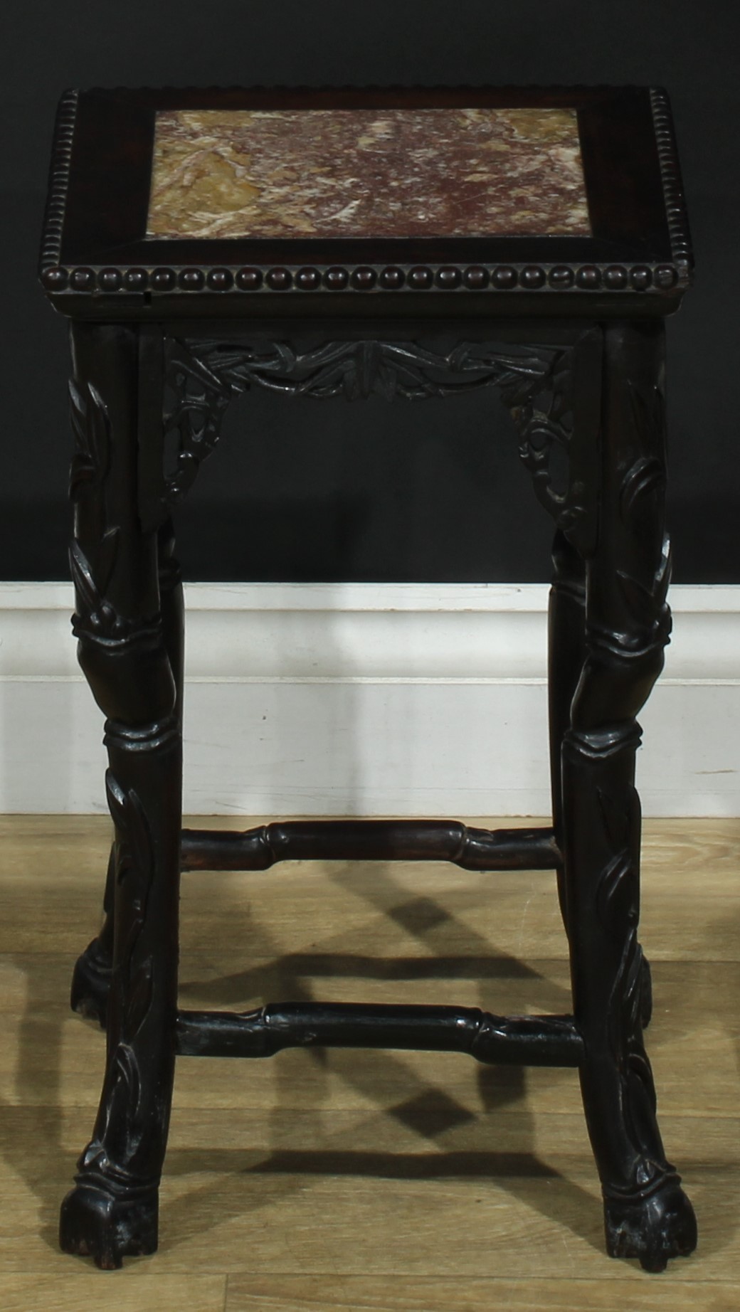 A pair of Chinese hardwood jardiniere stands, each with a square top with beaded border and inset - Image 3 of 10