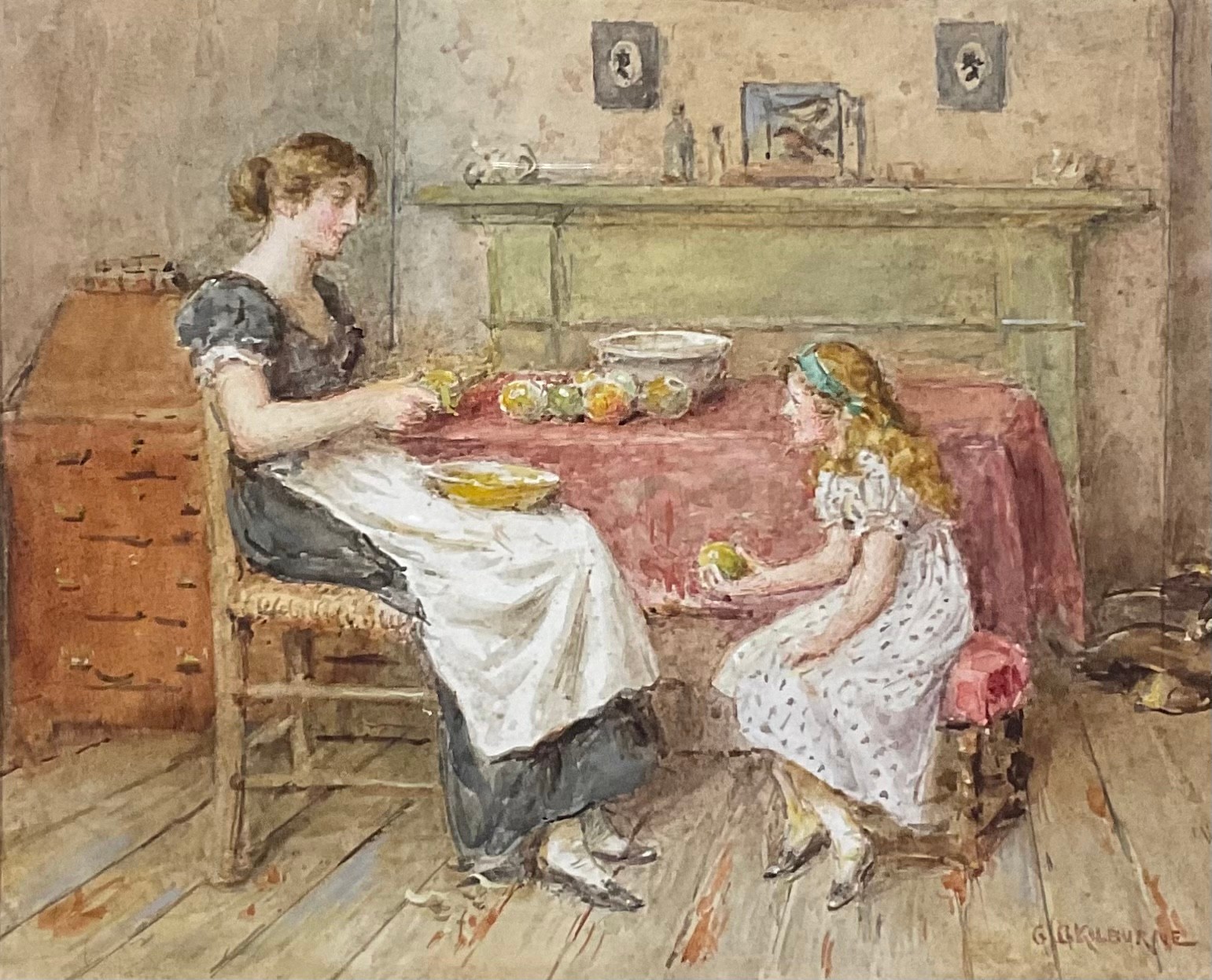 George Goodwin Kilburne (1839 - 1924) A pair, Mother and Daughter, and Father Sleeping signed, - Image 2 of 7