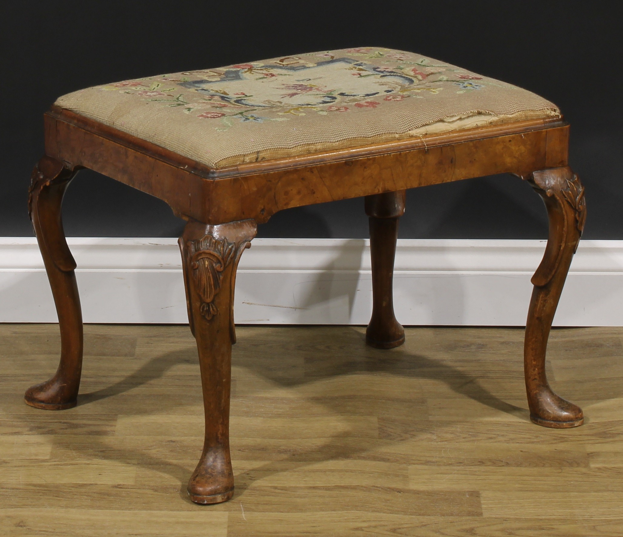 A George II Revival walnut and beech stool, drop-in seat, cabriole legs, pad feet, 43cm high, 58cm - Image 2 of 4