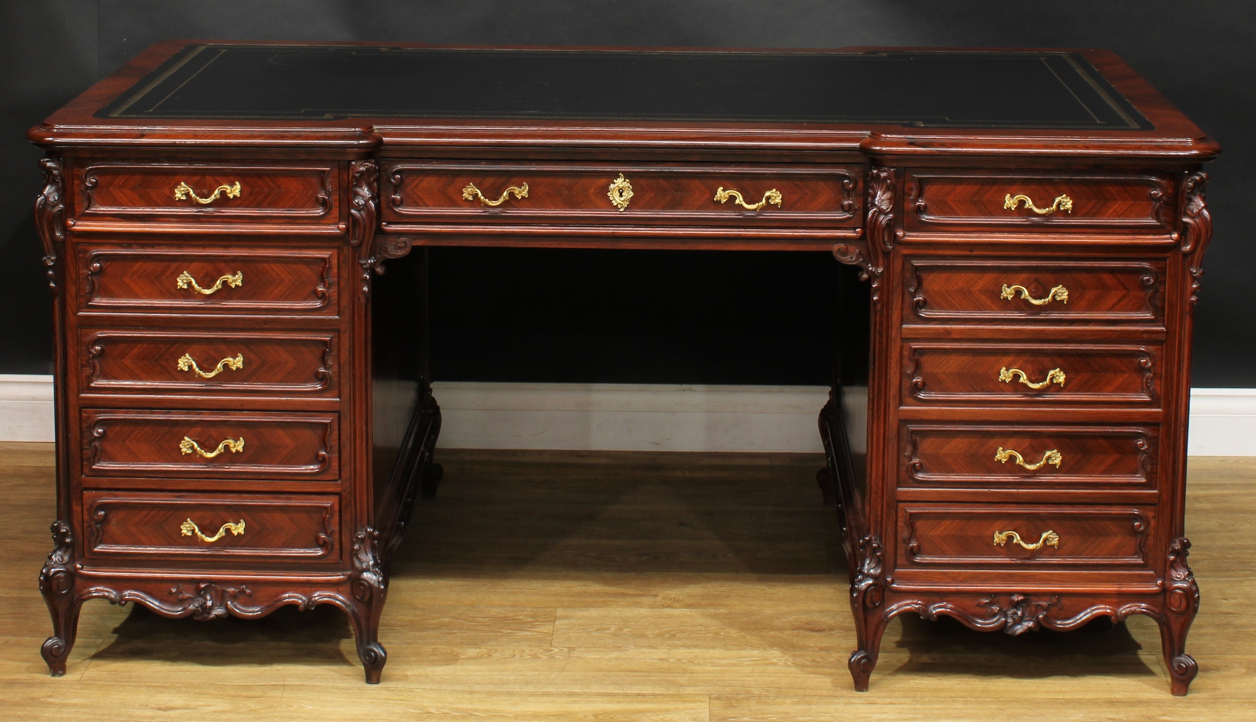 A late 19th century French rosewood and kingwood twin pedestal desk, inverted break-centre top - Image 2 of 7
