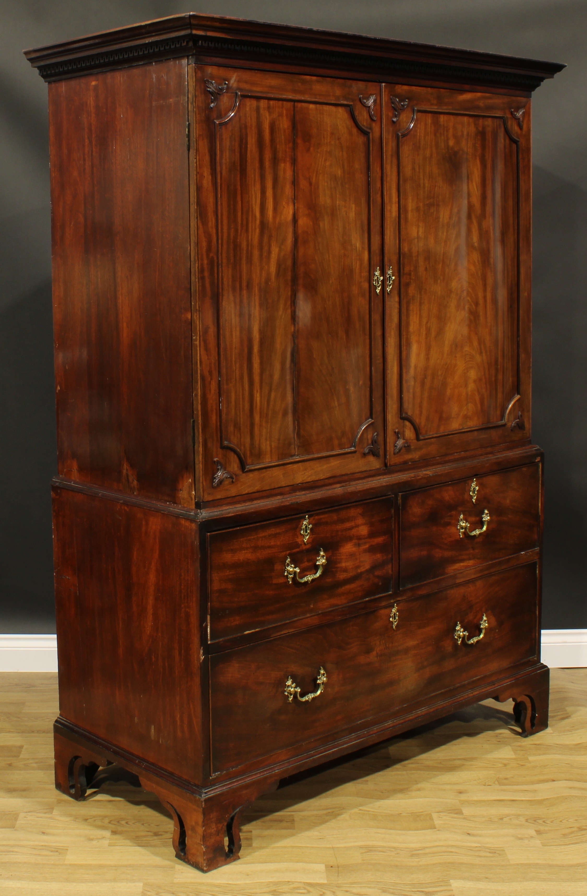 A 19th century mahogany linen press, outswept cornice with meandrous capital above a pair of panel - Image 3 of 6