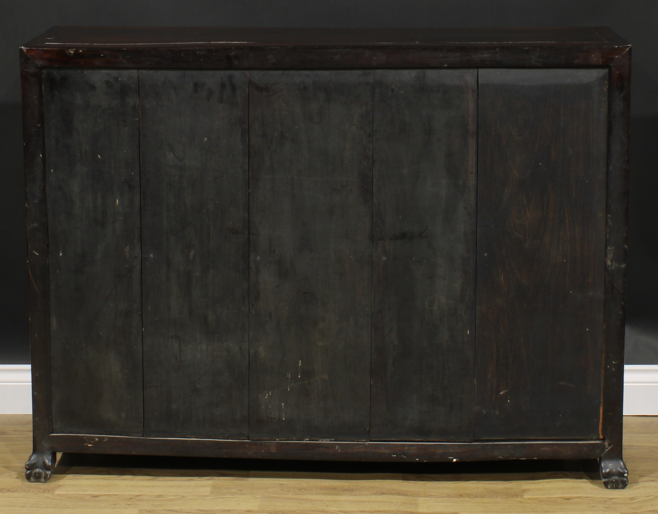 A Chinese hardwood side cabinet, rectangular top above a pair of panel doors carved and applied with - Image 6 of 6