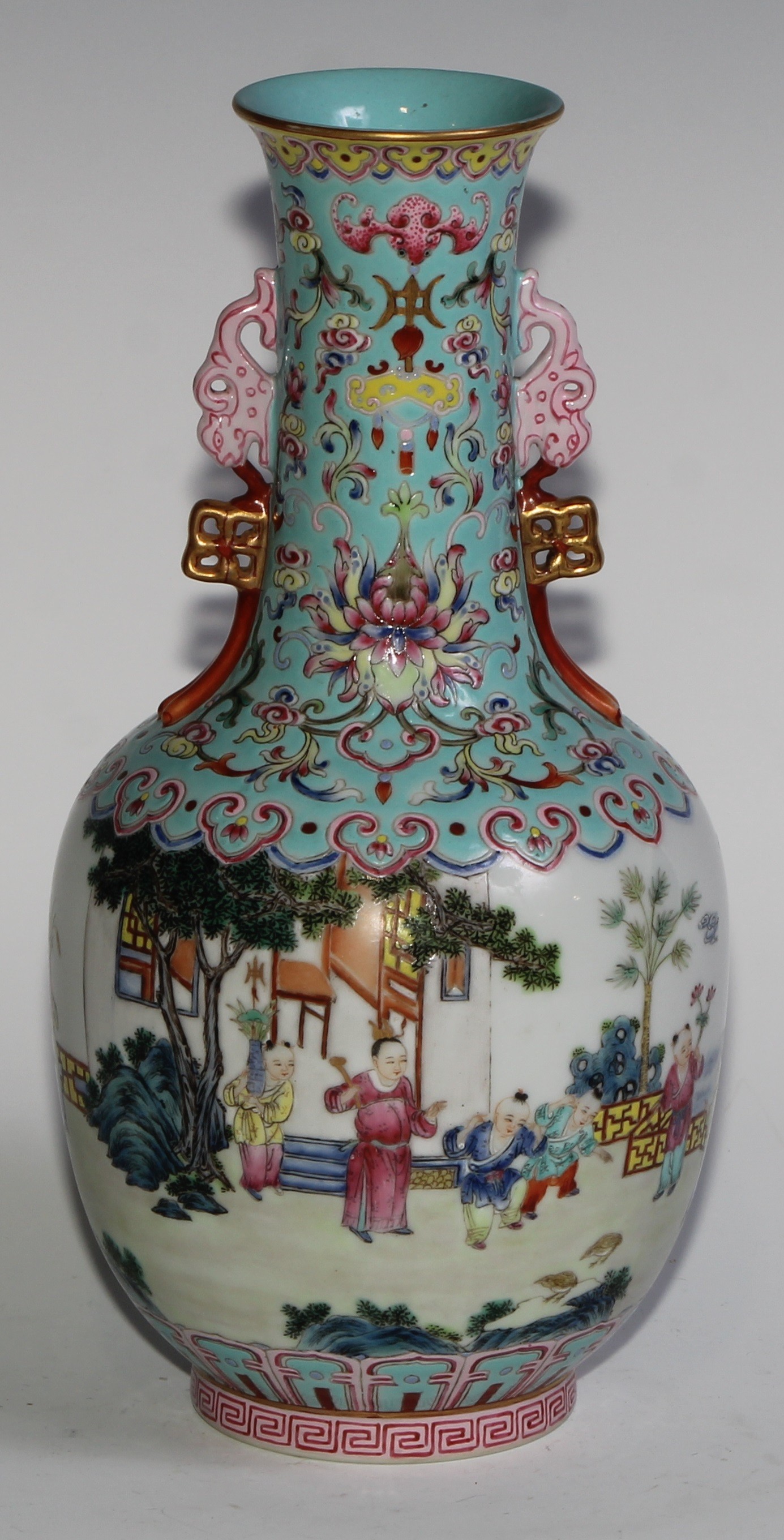 A Chinese ovoid ovoid vase, painted in polychrome enamels with children at play outside a pagoda, - Image 2 of 6