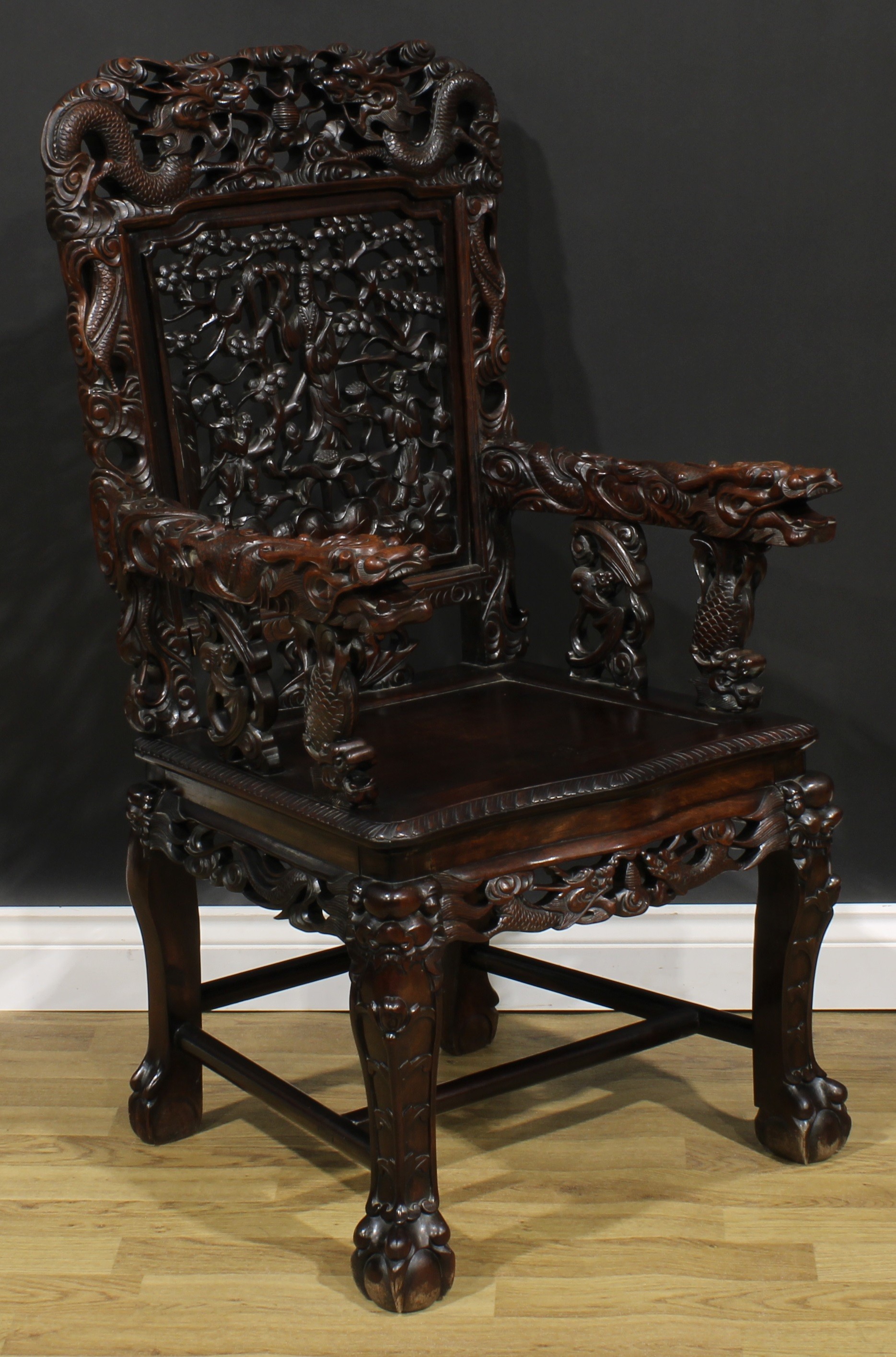 A Chinese hardwood armchair, shaped cresting rail pierced and carved with two dragons and a - Image 2 of 4