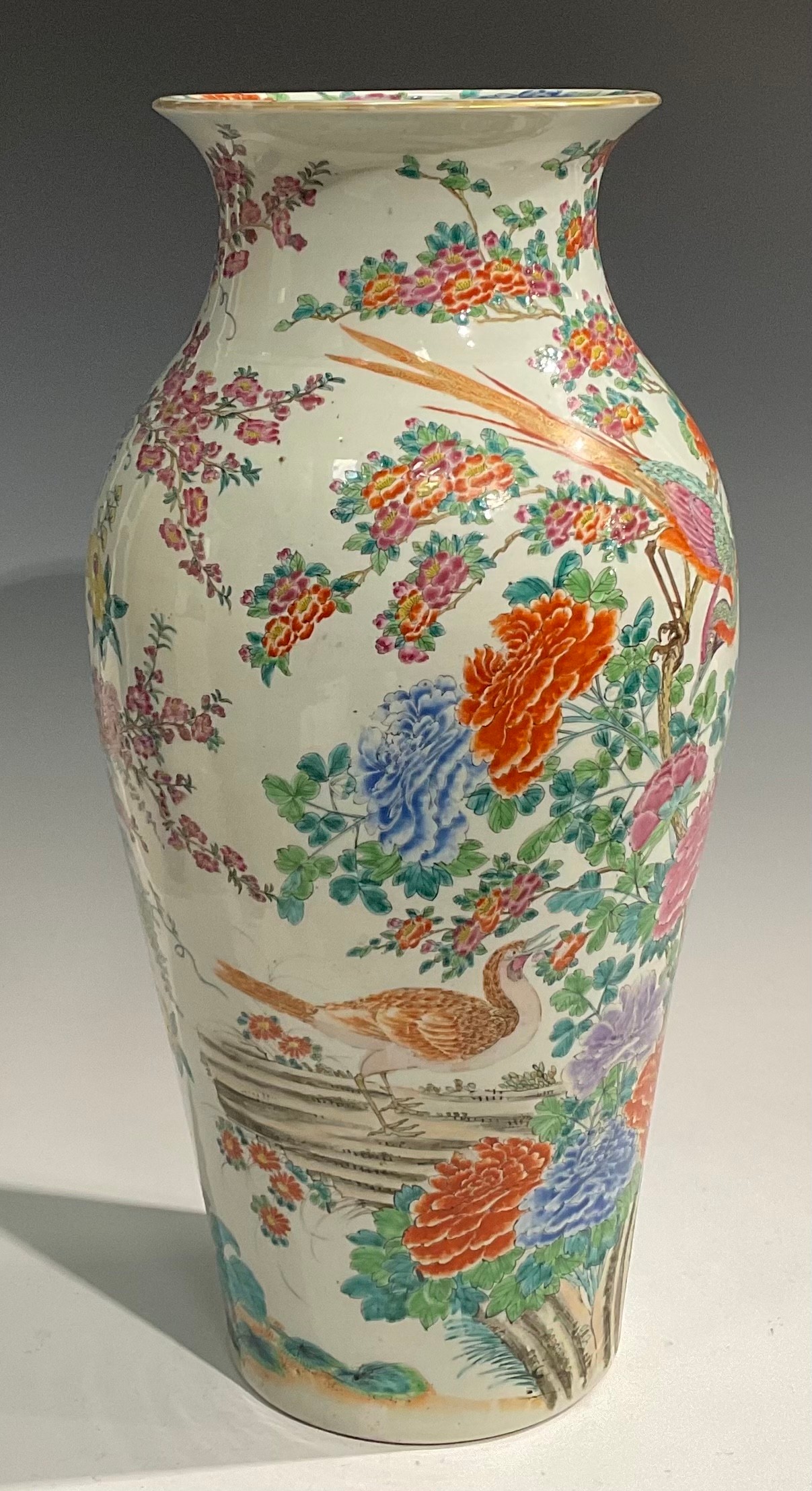 A pair of large Japanese inverted baluster vases, decorated in the Chinese manner with exotic - Image 3 of 10