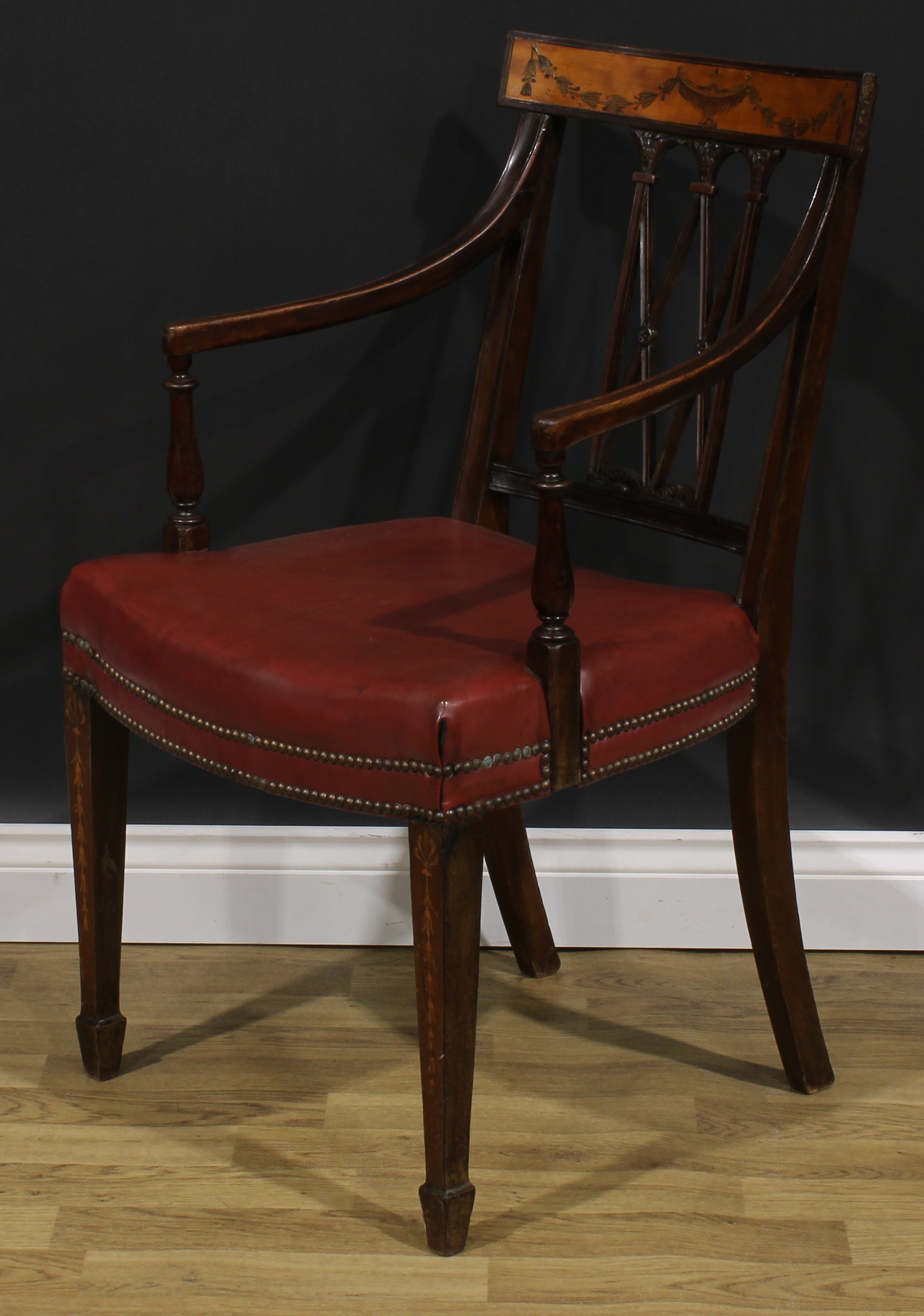 A pair of Sheraton Revival mahogany and marquetry elbow chairs, each cresting rail inlaid with an - Image 8 of 9
