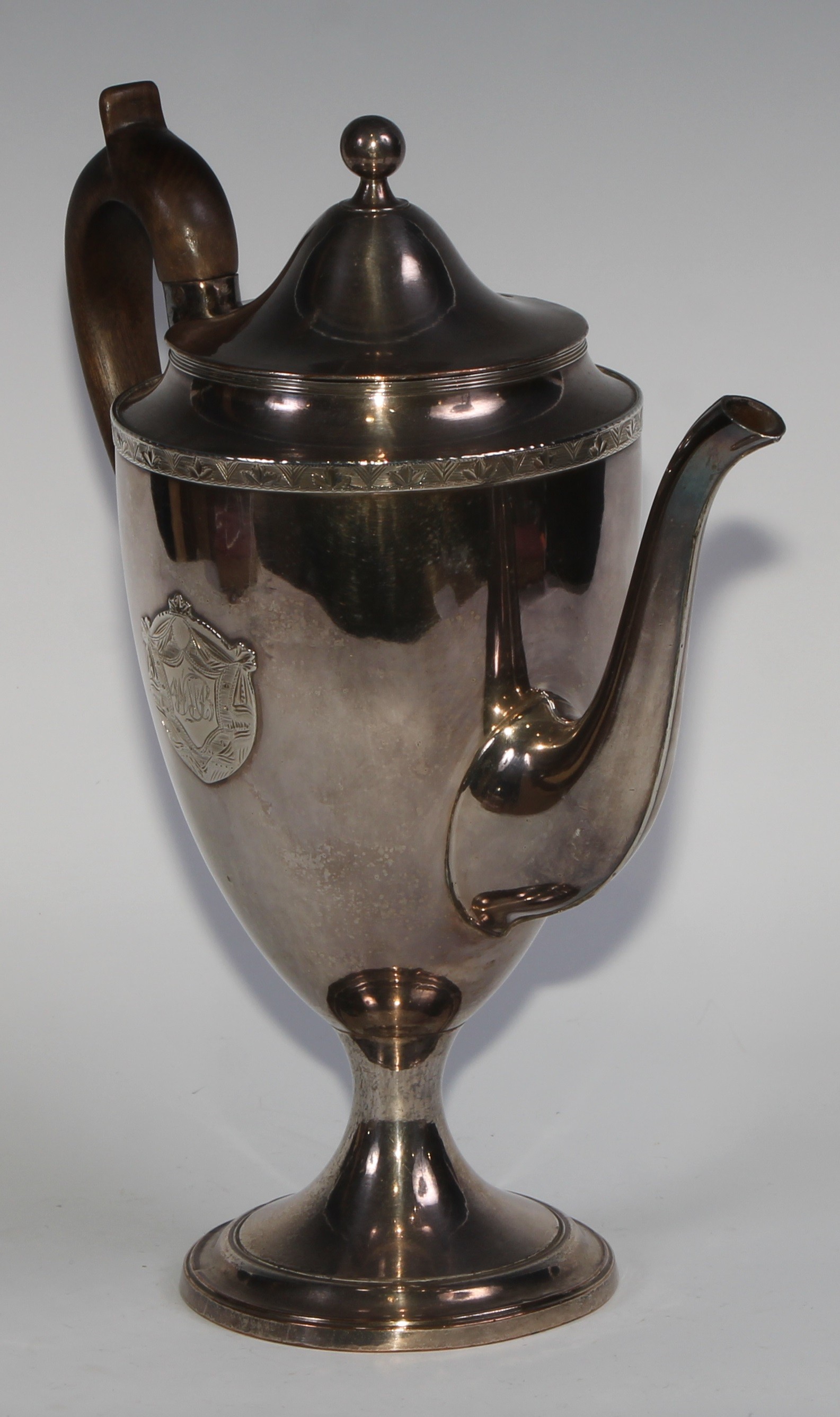 A George III Old Sheffield Plate urnular pedestal coffee pot, domed cover with ball finial, - Image 3 of 5