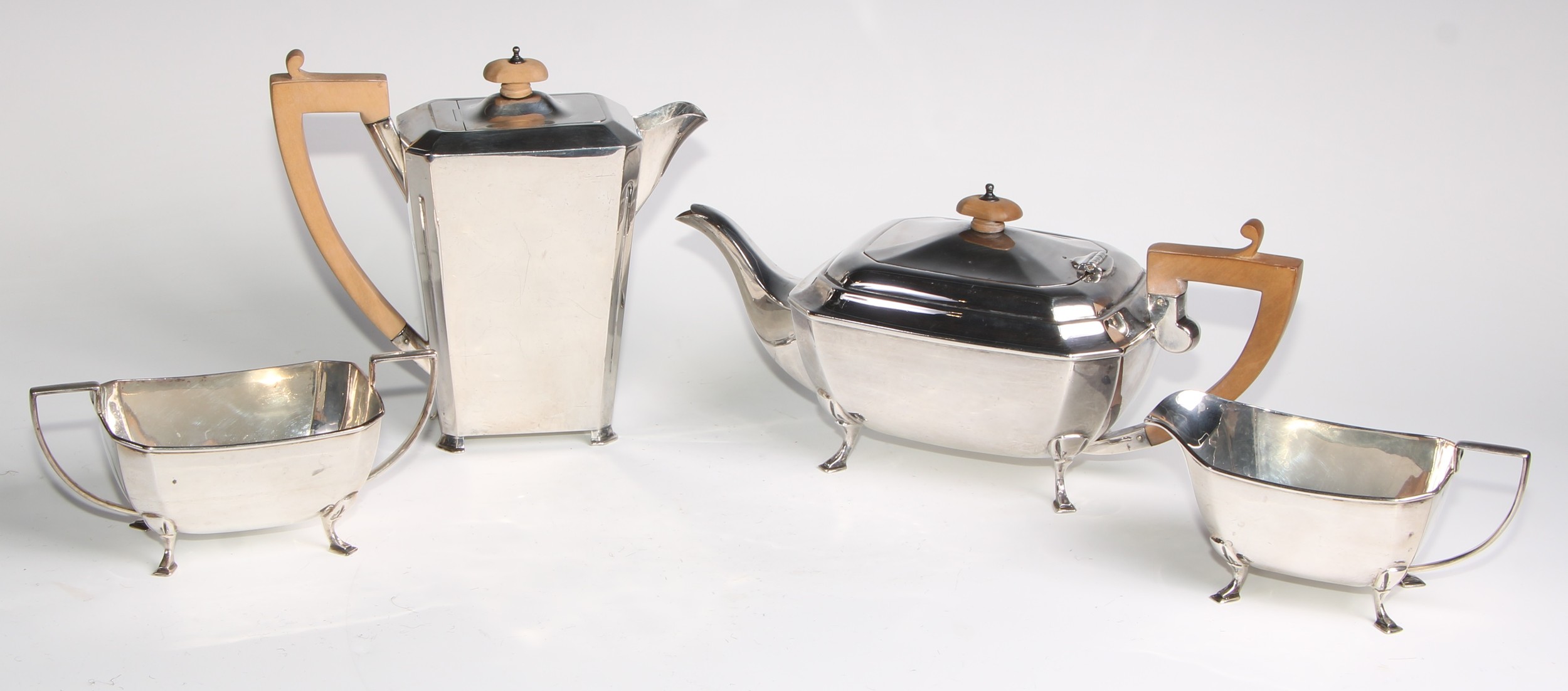 A George V Art silver Art Deco four piece tea service, angular handles, pad feet, Cooper - Image 2 of 19