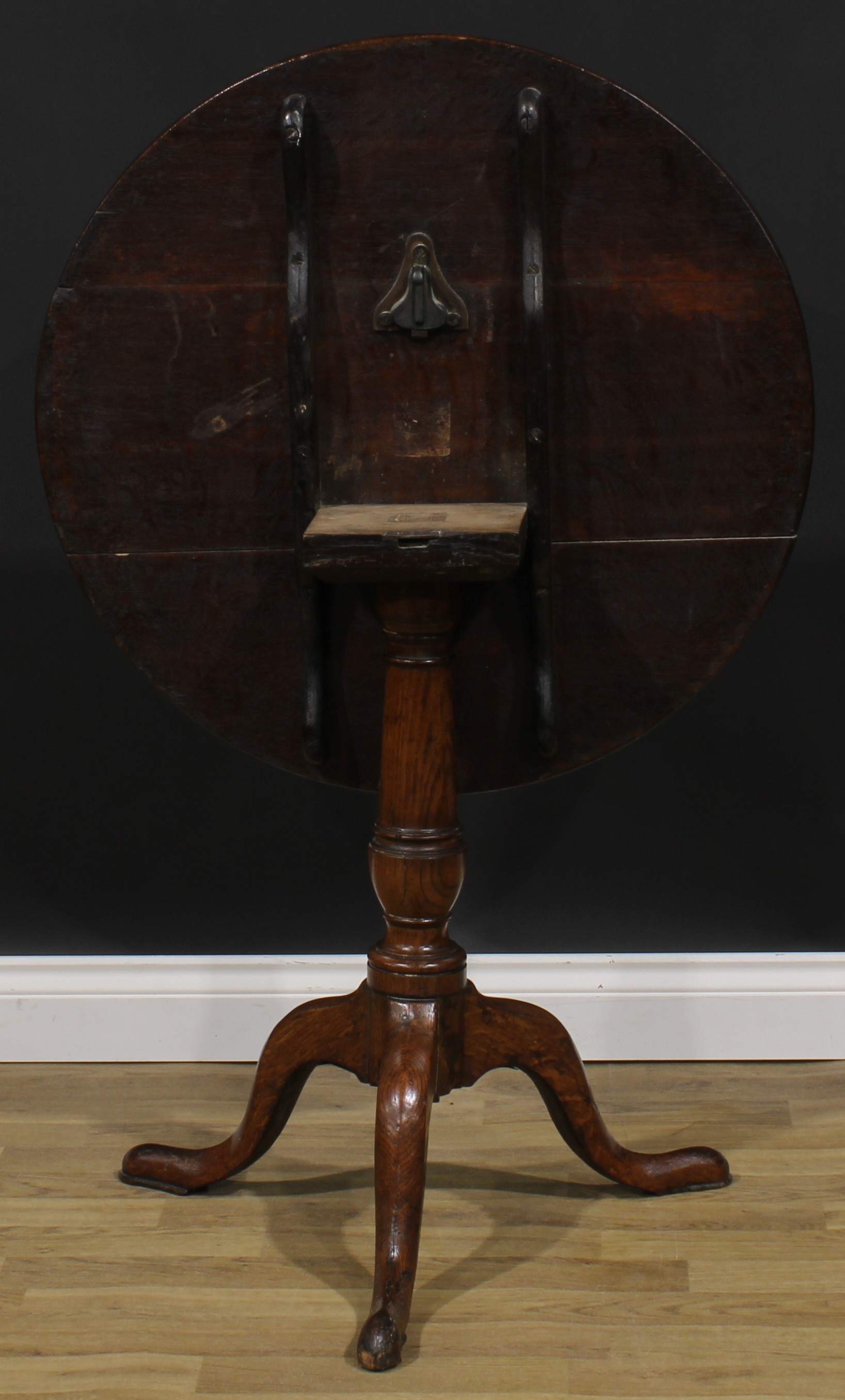 A George III oak tripod occasional table, circular tilting top, cannon barrel column, cabriole legs, - Image 4 of 4