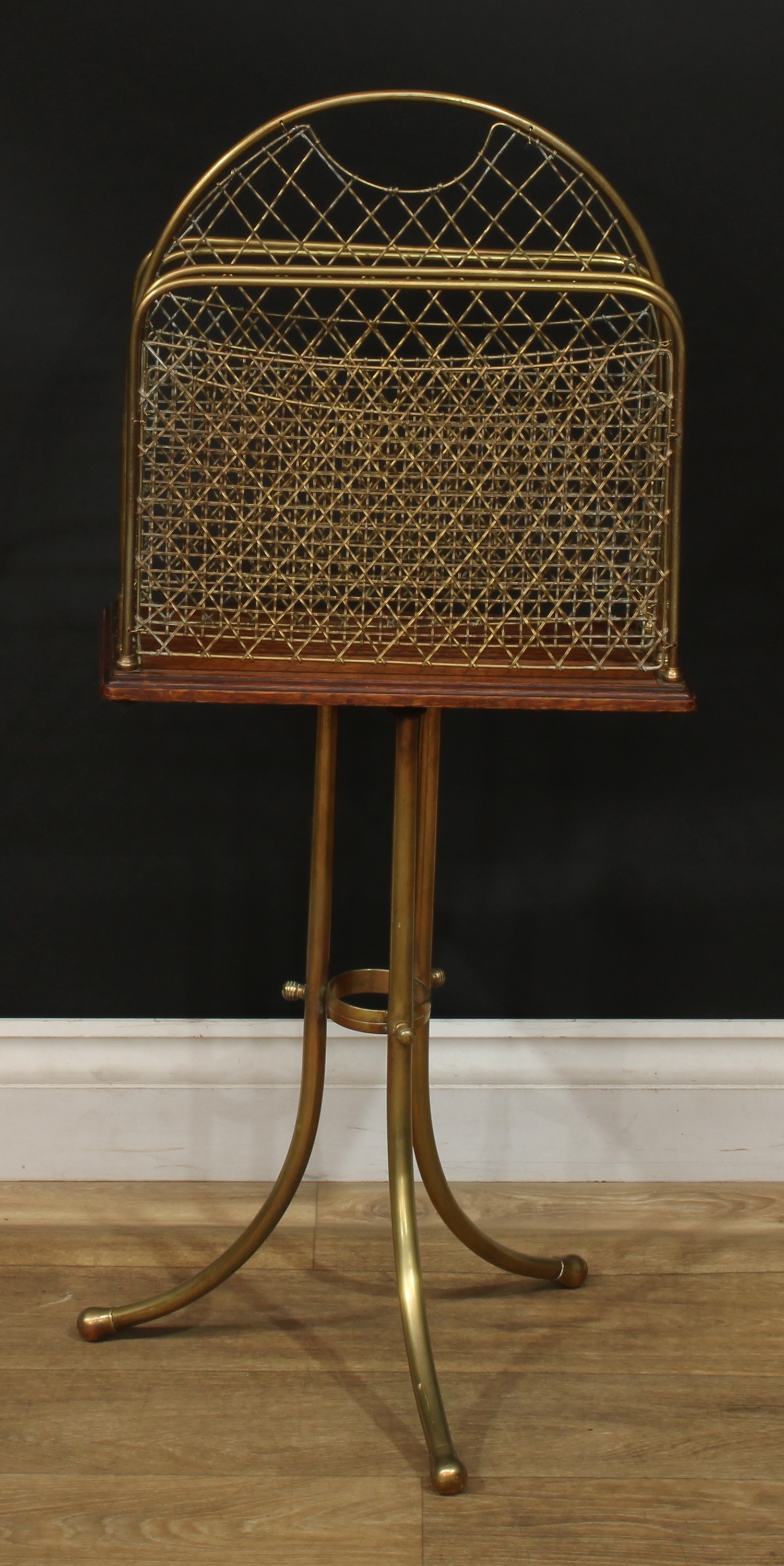 A late Victorian Hall patent brass and oak revolving Canterbury, 86cm high, 37.5cm wide, 23cm - Image 4 of 5