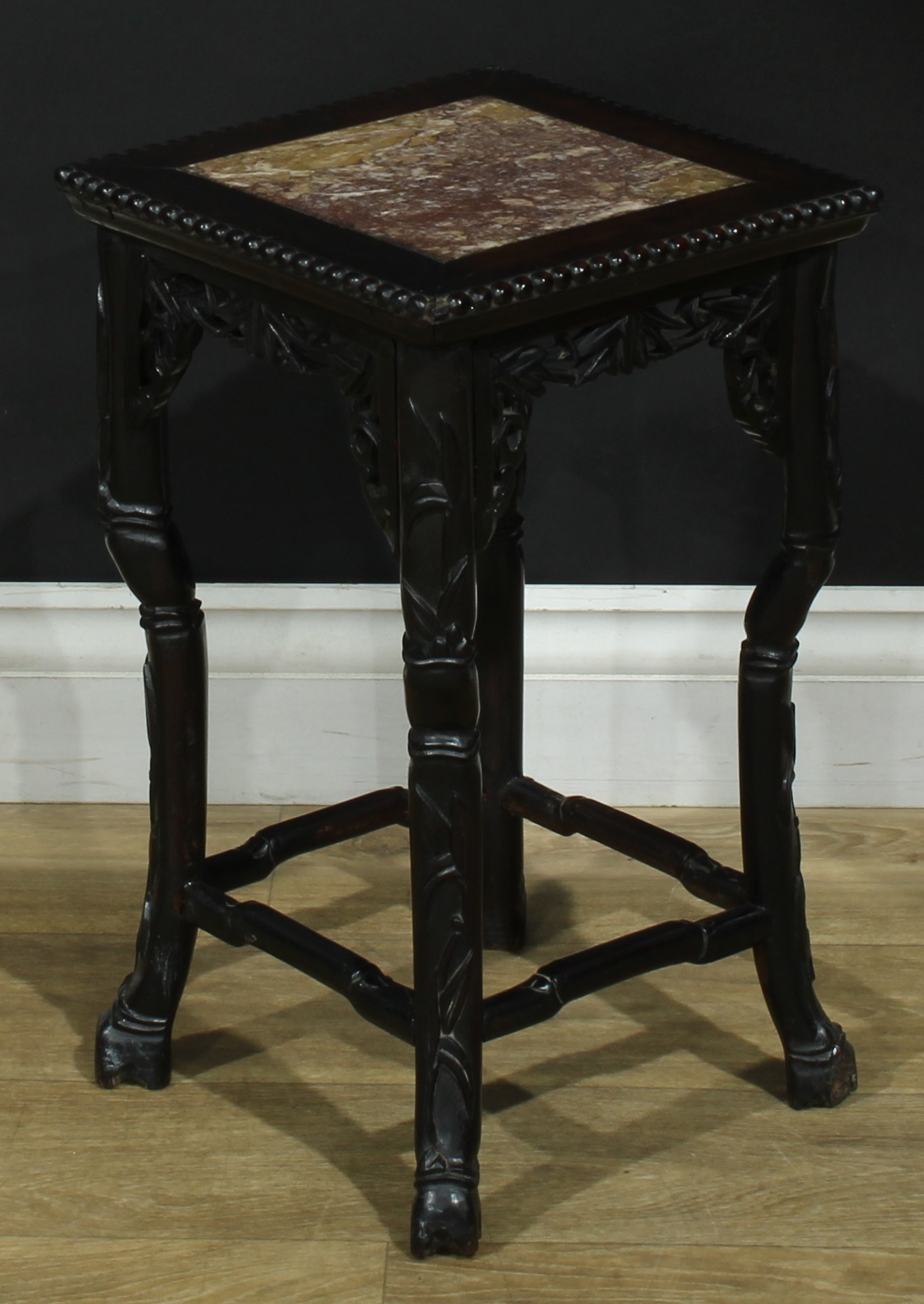 A pair of Chinese hardwood jardiniere stands, each with a square top with beaded border and inset - Image 5 of 10