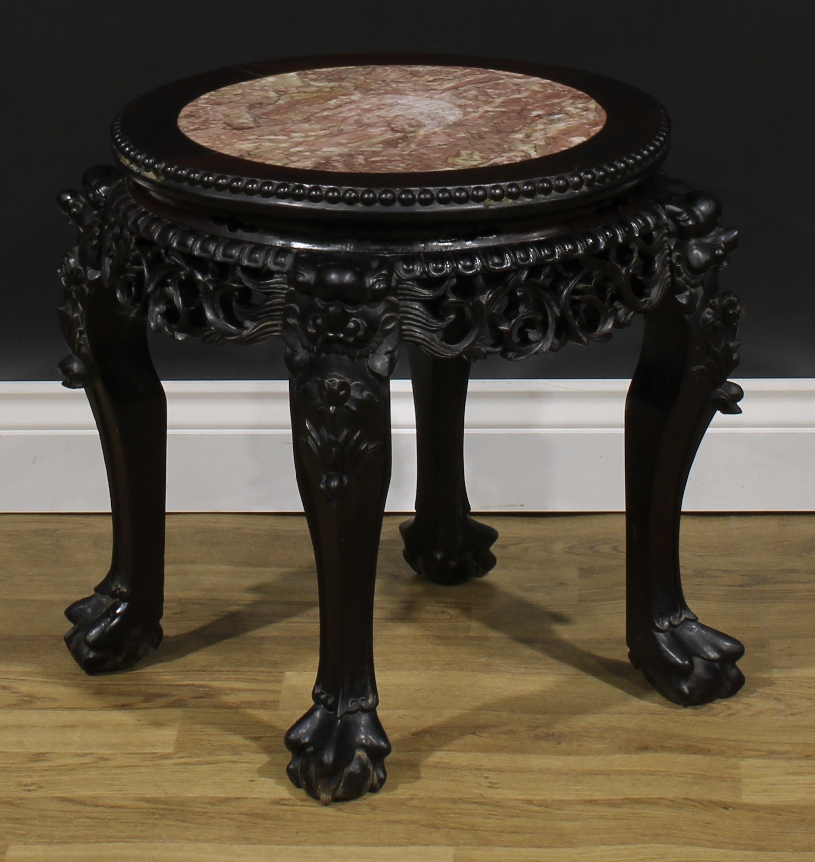 A Chinese hardwood fish bowl stand, circular top with beaded border and inset marble panel, shaped - Image 3 of 5
