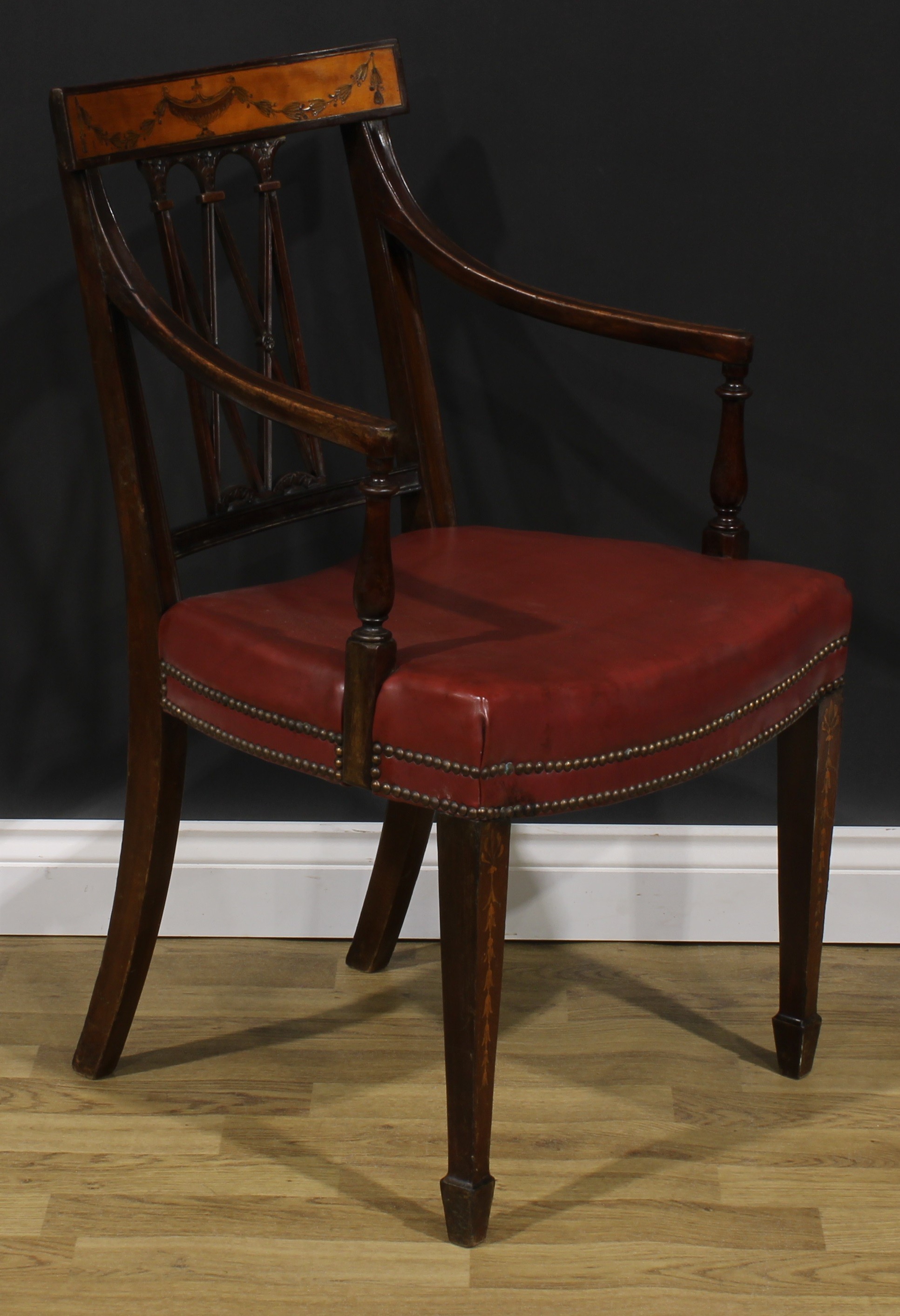 A pair of Sheraton Revival mahogany and marquetry elbow chairs, each cresting rail inlaid with an - Image 7 of 9