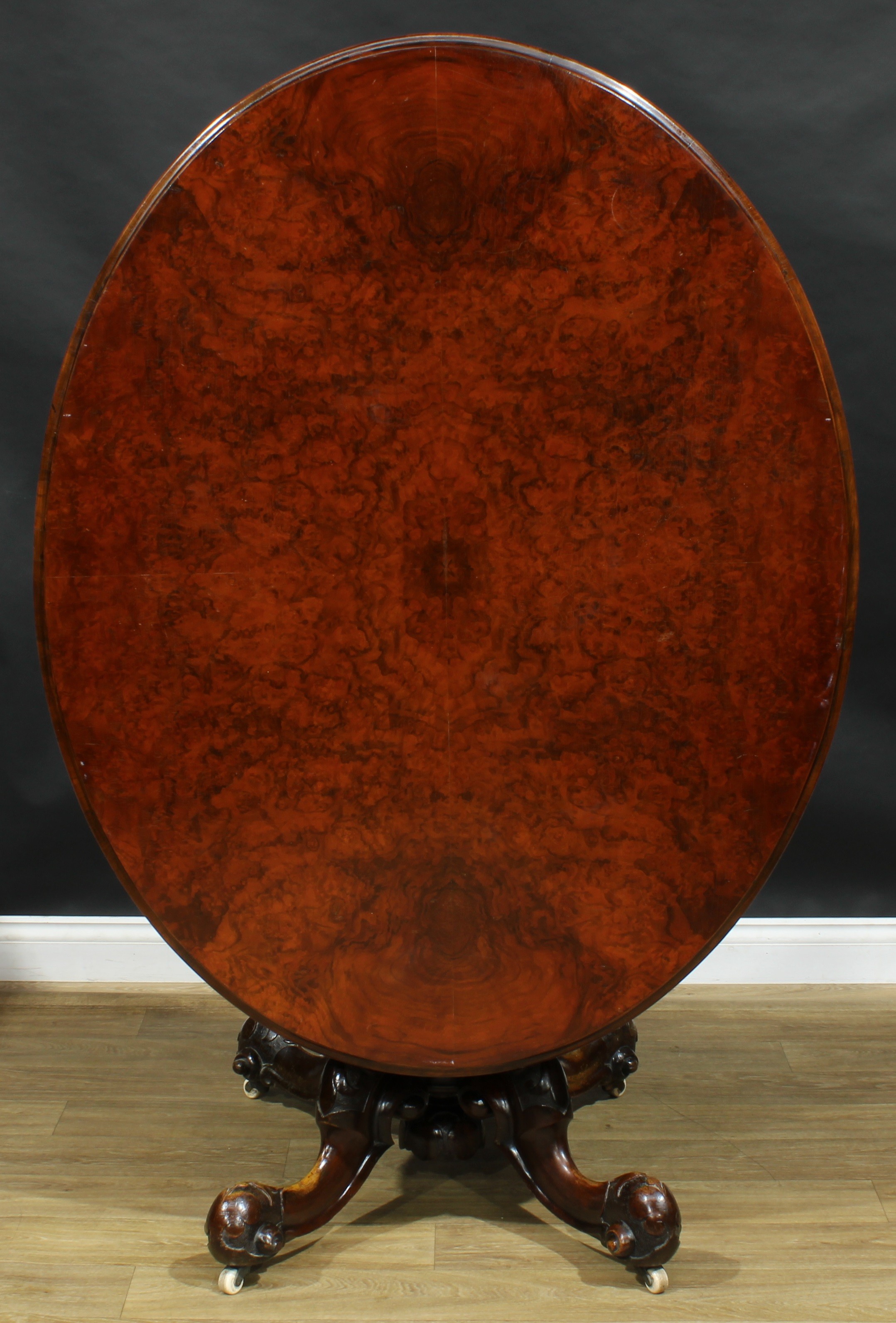 A Victorian walnut centre table, oval tilting top, turned column, cabriole legs, ceramic casters, - Image 3 of 4