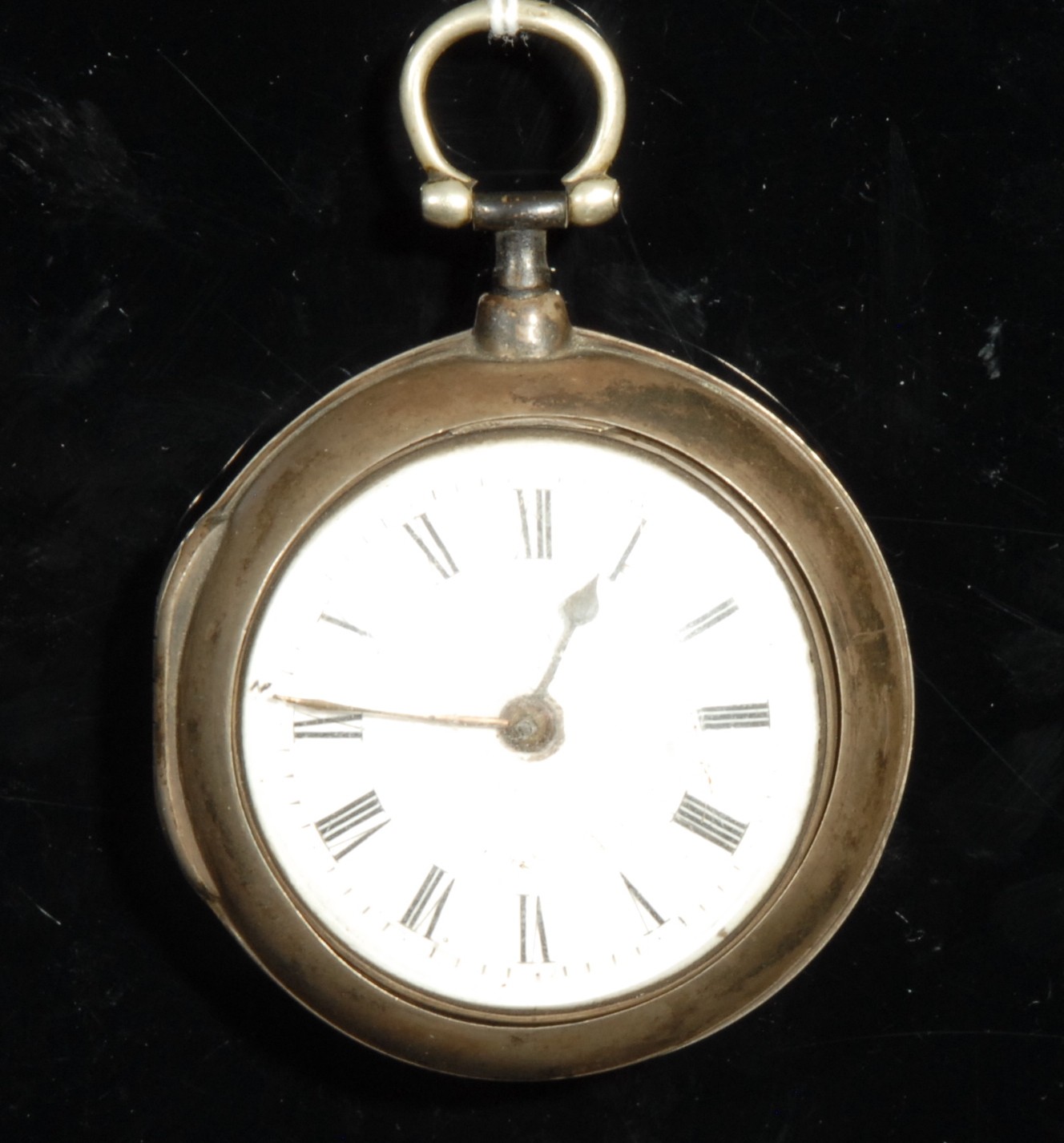 A George III pair cased silver watch Birmingham 1795 enamel 4.1cm dial gilt hands Roman chapter,