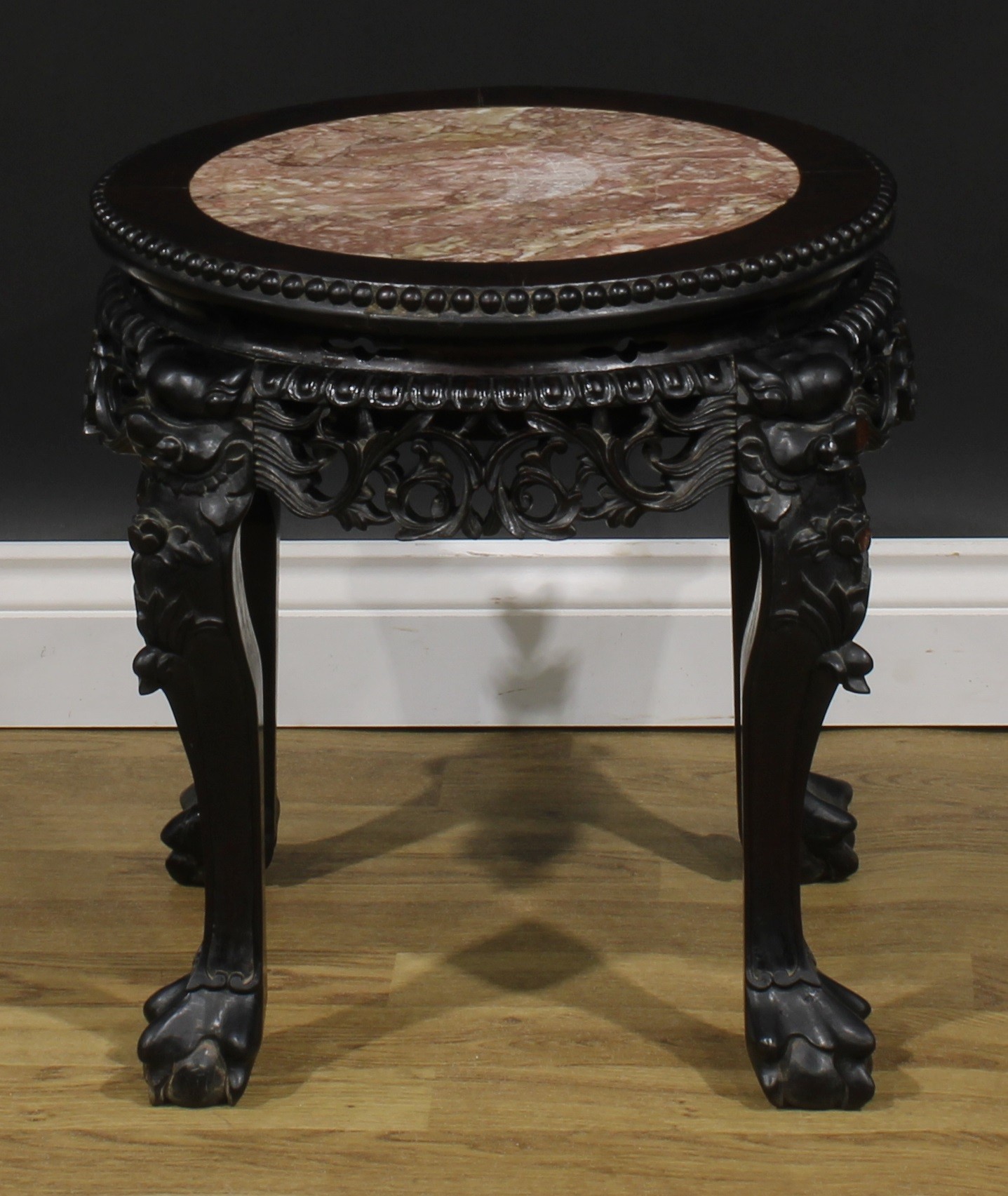 A Chinese hardwood fish bowl stand, circular top with beaded border and inset marble panel, shaped - Image 2 of 5