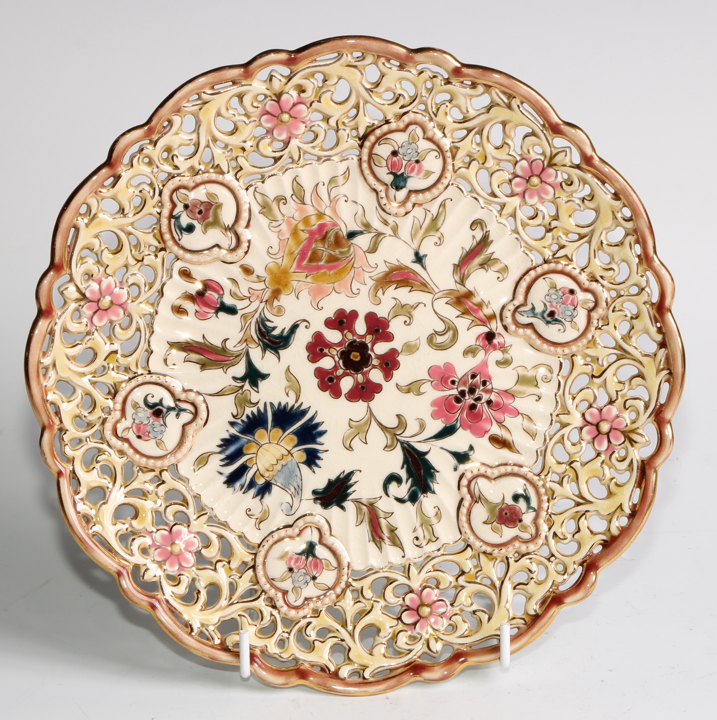 A pair of Zsolnay Pecs shaped circular plates, each decorated in polychrome with stylised flowers, - Image 3 of 6