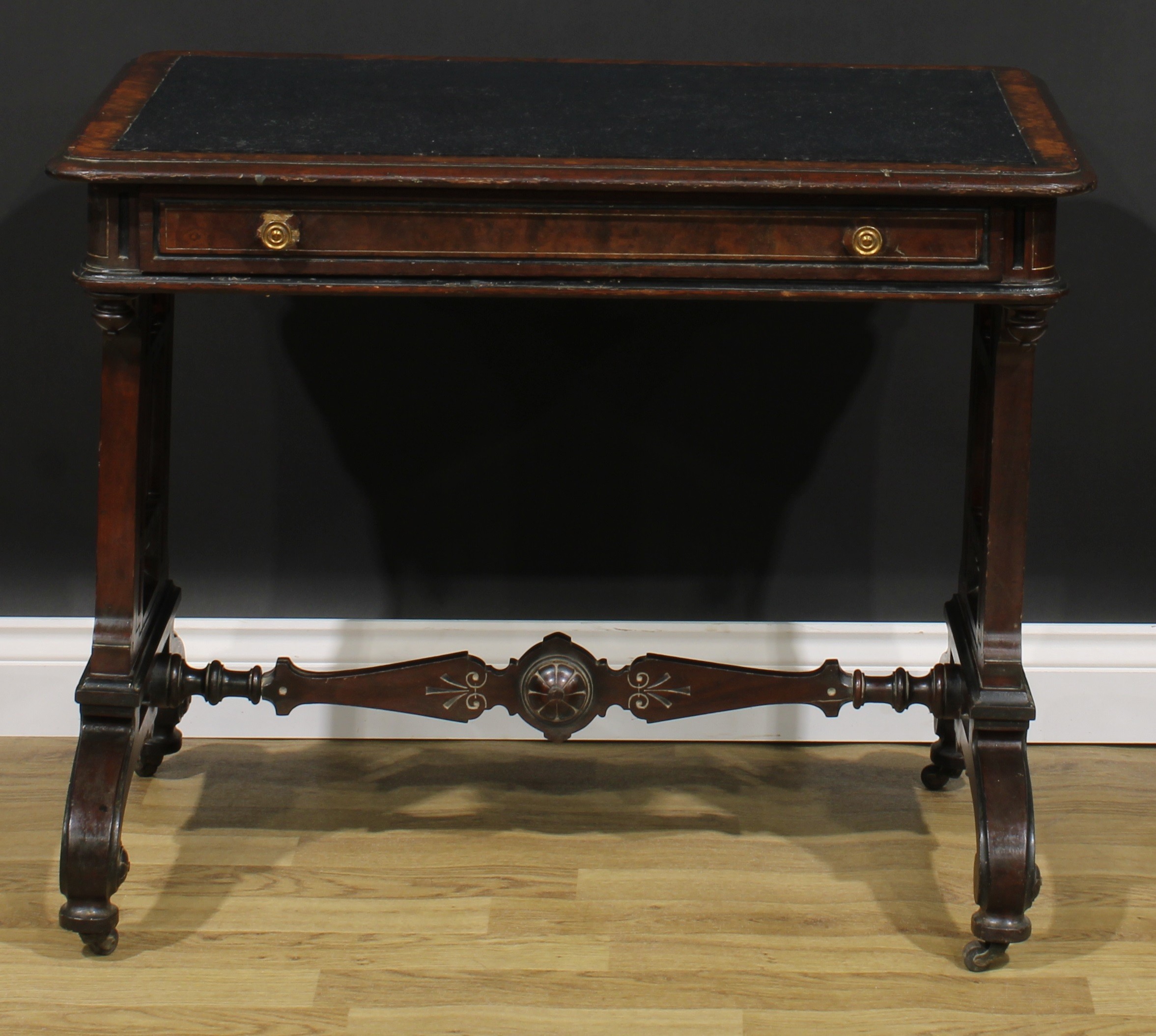 A late Victorian Aesthetic Movement walnut and mahogany writing table, rounded rectangular top above - Image 2 of 6