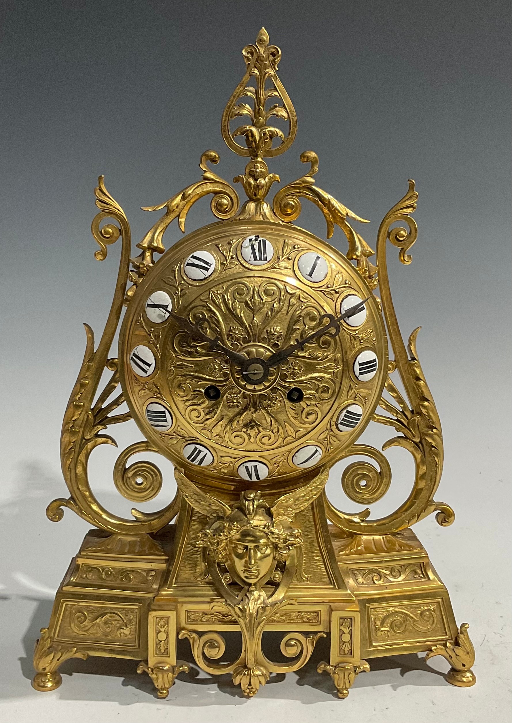 A 19th century Etruscan Revival ormolu mantel clock, the 14cm dial applied with enamel Roman numeral - Image 2 of 6