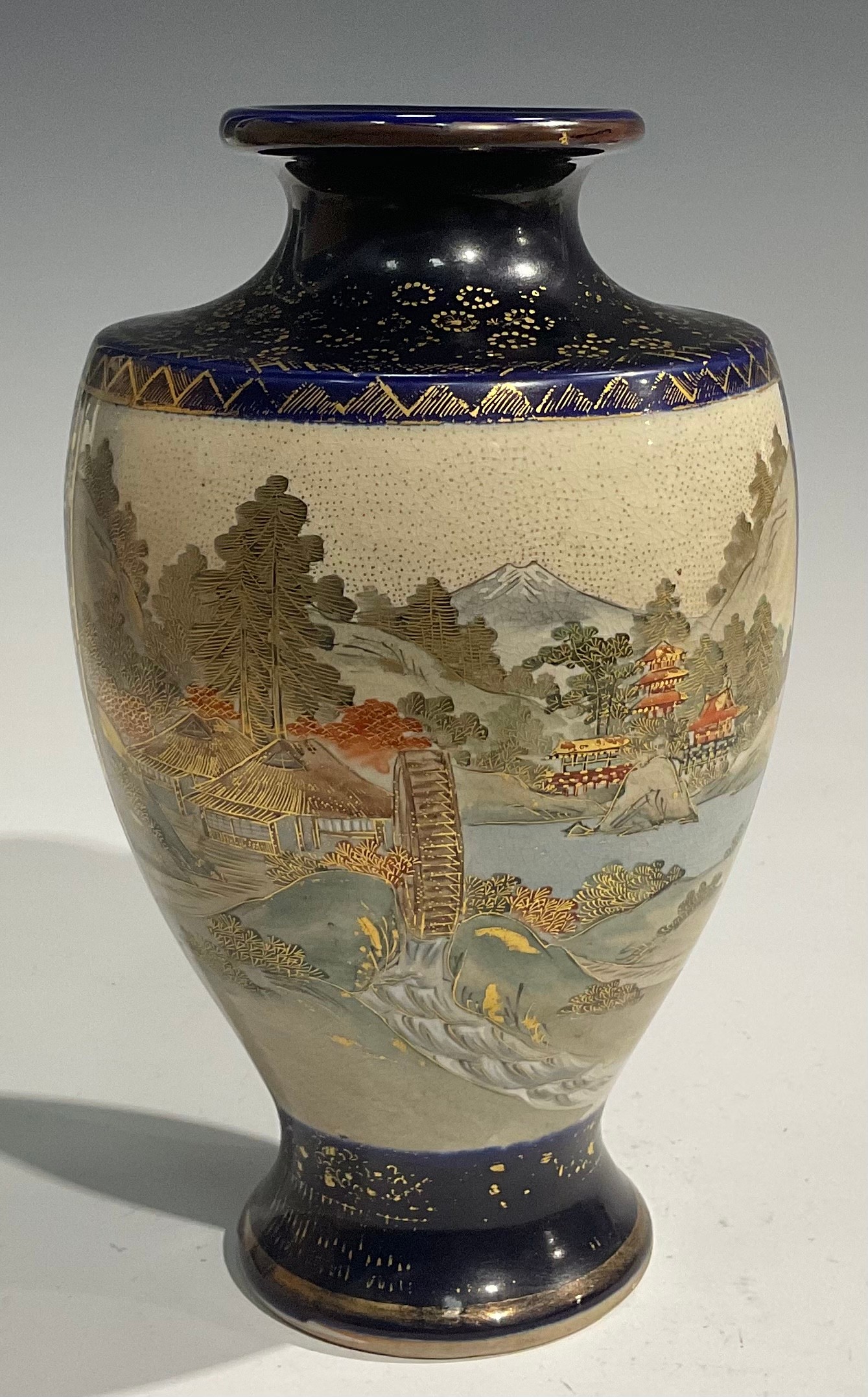A pair of Japanese satsuma baluster vases, decorated with traditional landscape and bird panels, - Image 3 of 12