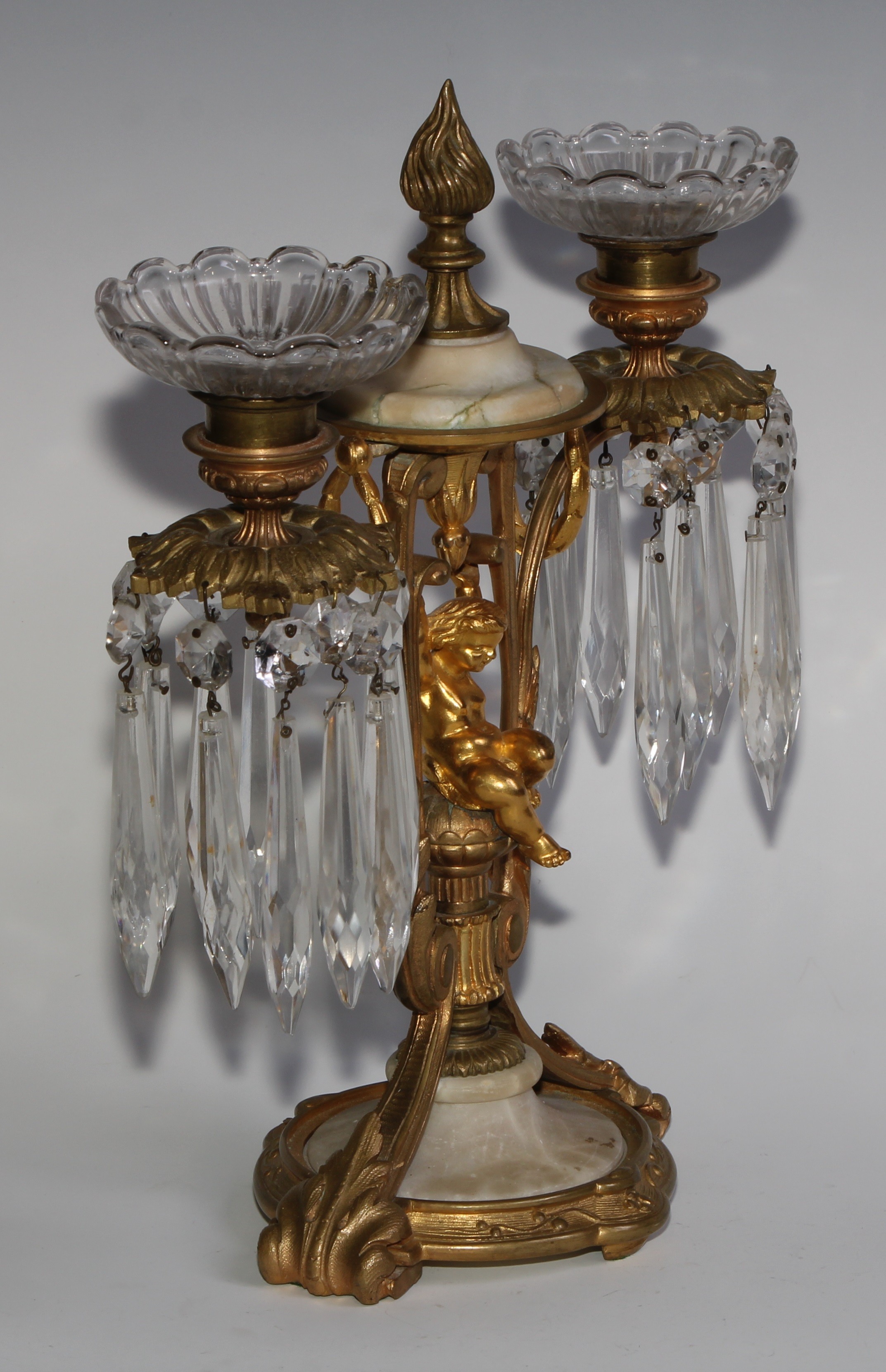 A pair of 19th century French gilt metal and alabaster two-light mantel candle lustres, each centred - Image 4 of 10