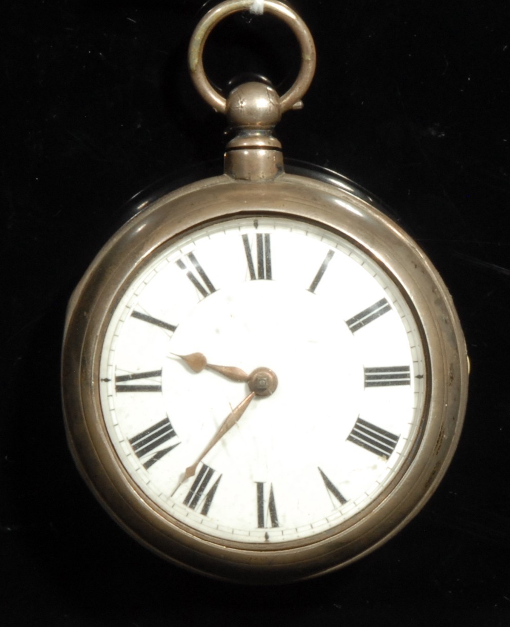 A George III pair cased silver watch, London 1796, 4.8cm enamel dial Roman chapter, gilt hands,