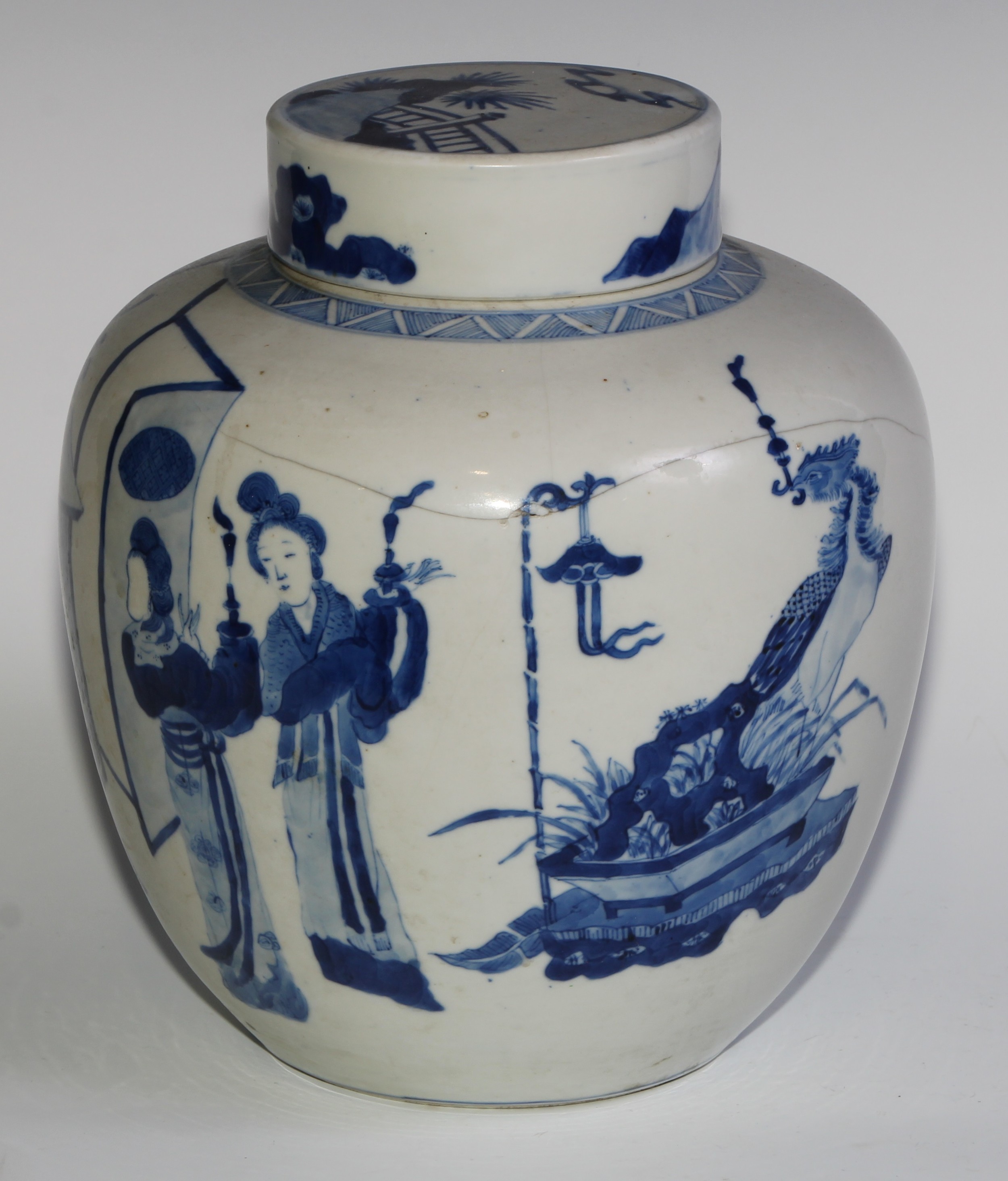 A Chinese ovoid ginger jar and cover, painted in tones of underglaze blue with ladies of the - Image 5 of 7