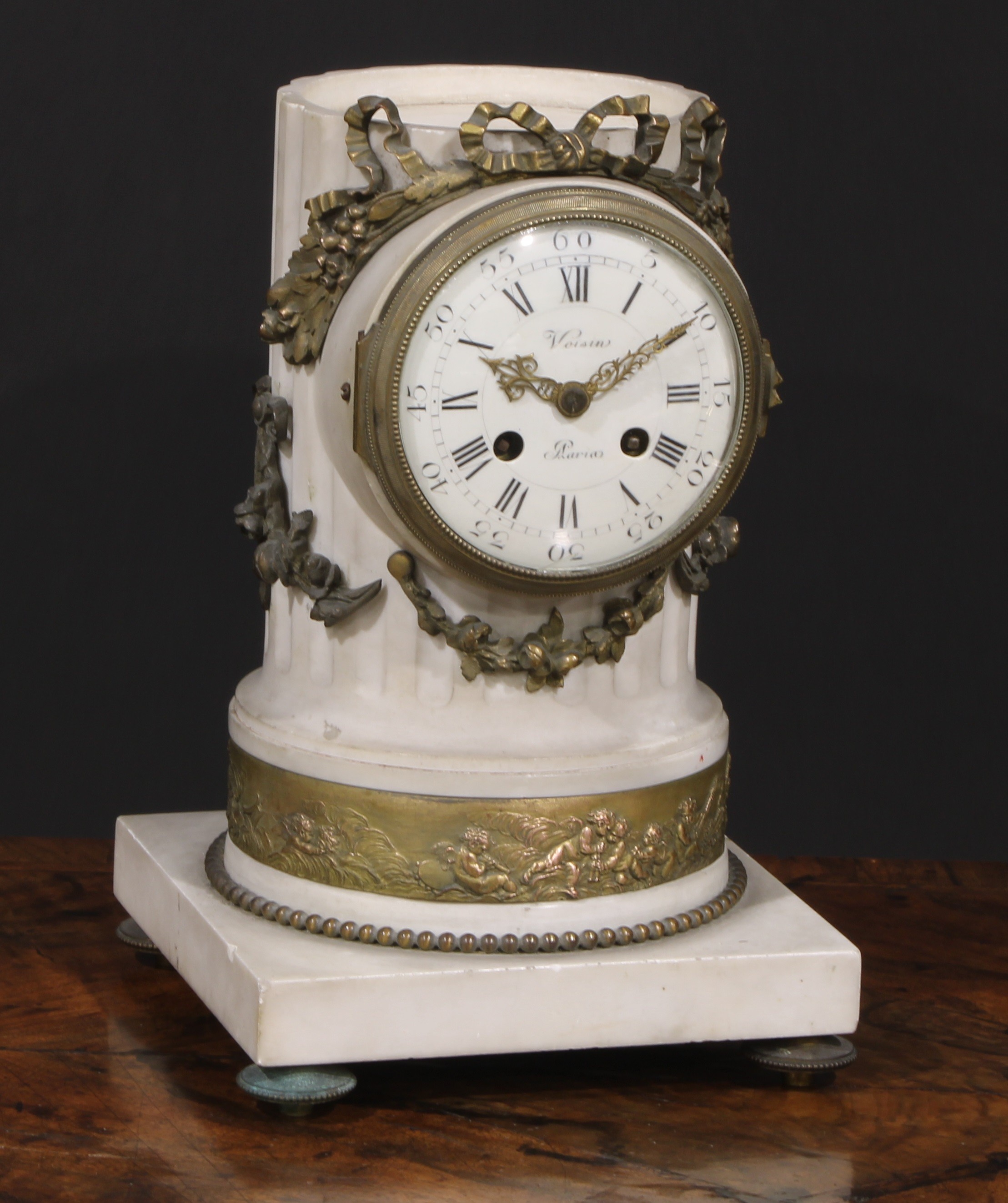 A 19th century gilt bronze mounted cararra marble architectural mantel clock, in the Grand Tour