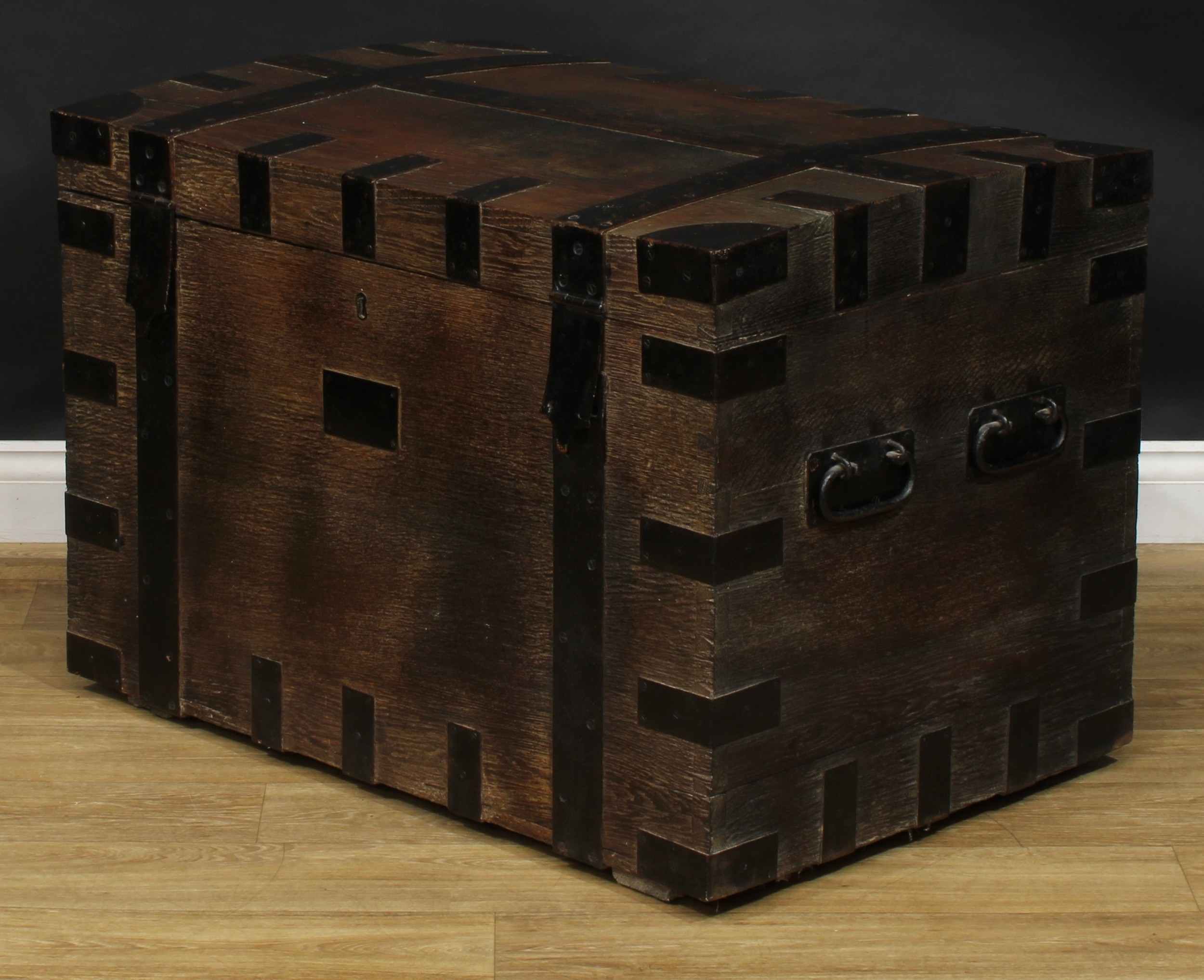 A 19th century iron-bound oak country house silver chest, hinged top, carry handles to sides, 63.5cm - Image 4 of 5