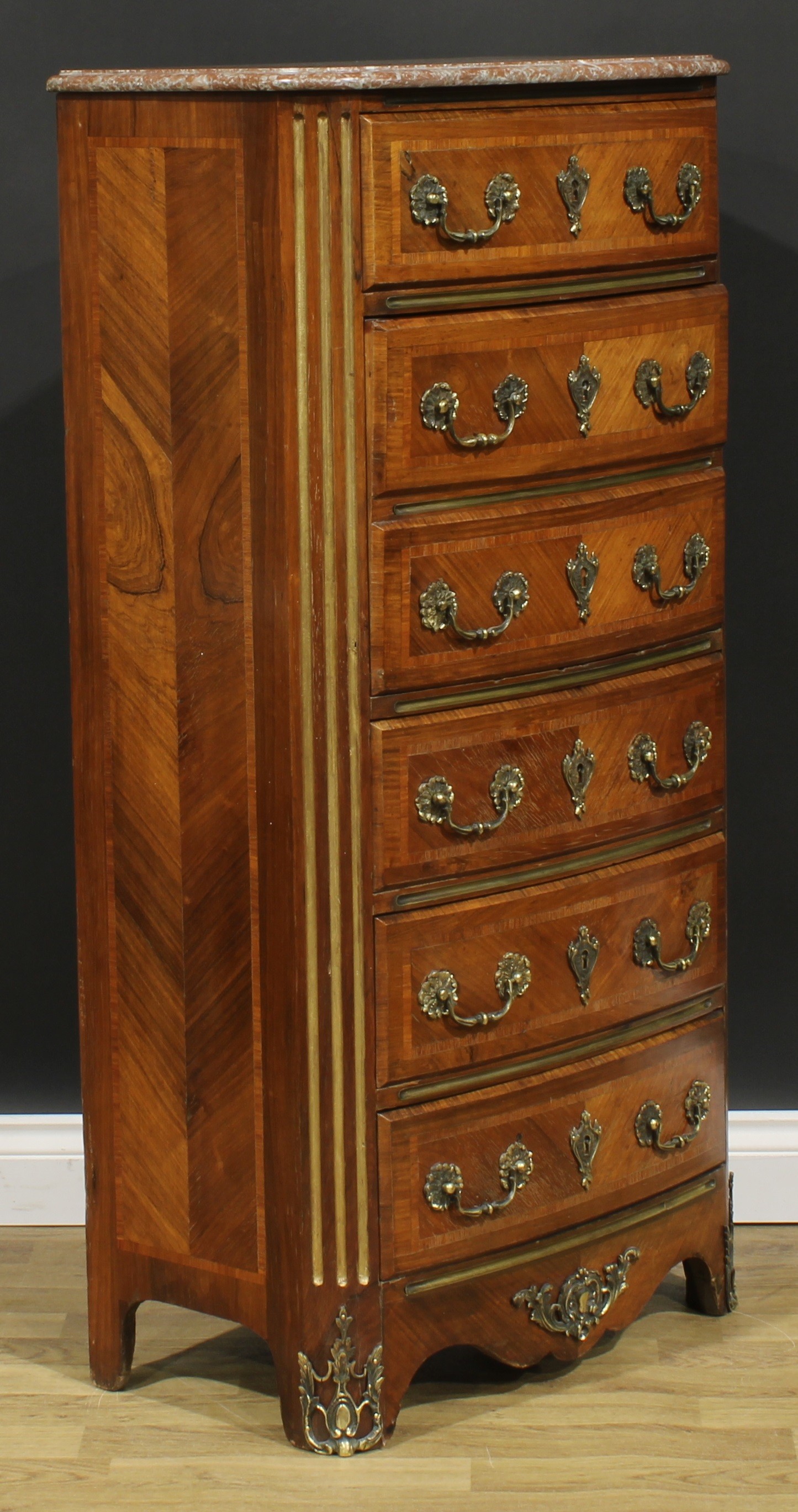 A Louis XV Revival gilt metal mounted secrétaire à abattant, marble top above an arrangement of - Image 4 of 7