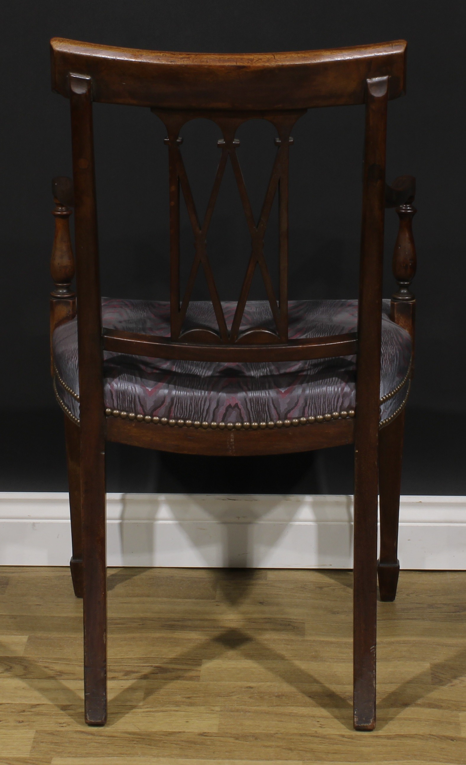 A pair of Sheraton Revival mahogany and marquetry elbow chairs, each cresting rail inlaid with an - Image 5 of 9