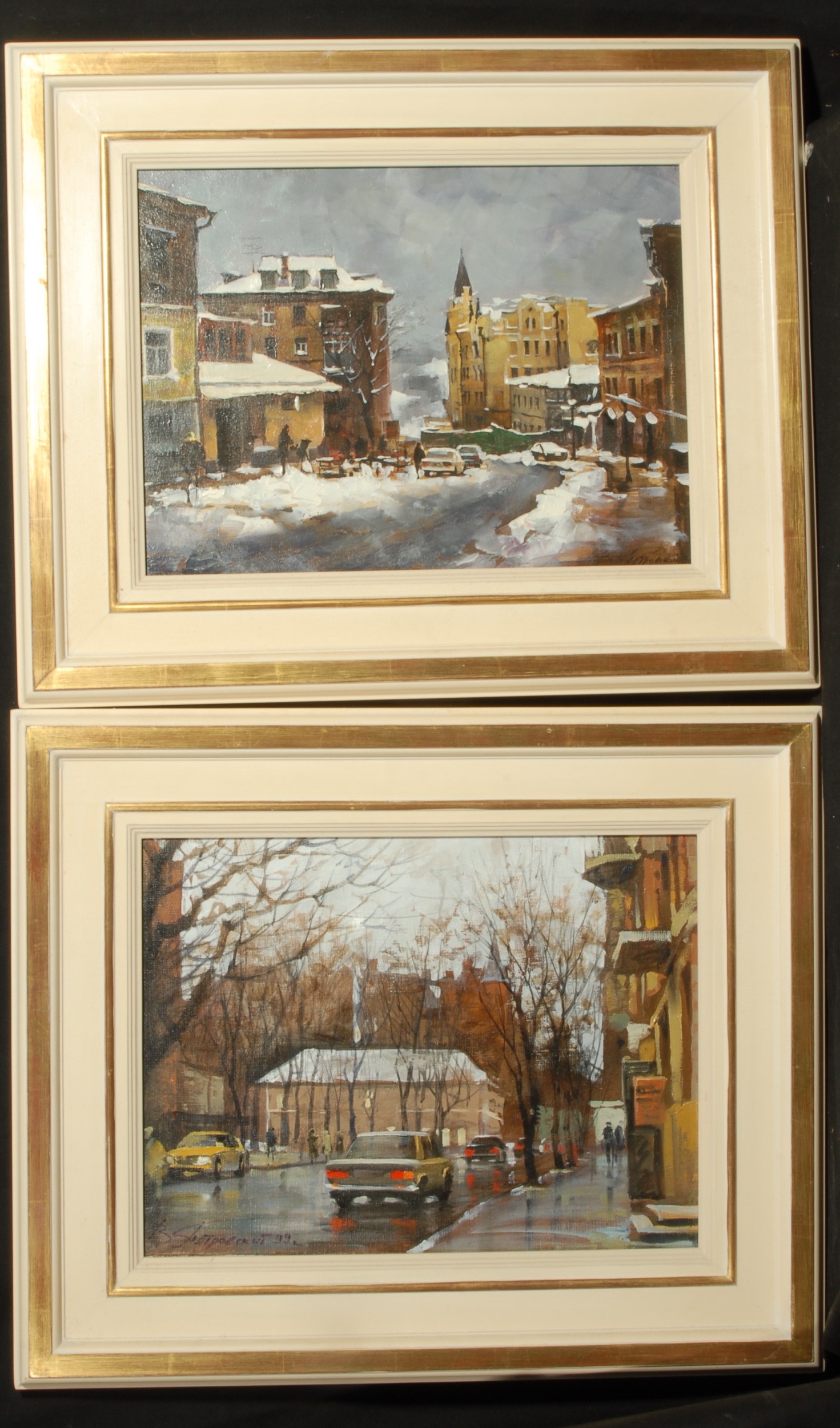 Vitali Petrovsky A pair, City Climates signed, oil on canvas, 28.5cm x 38cm