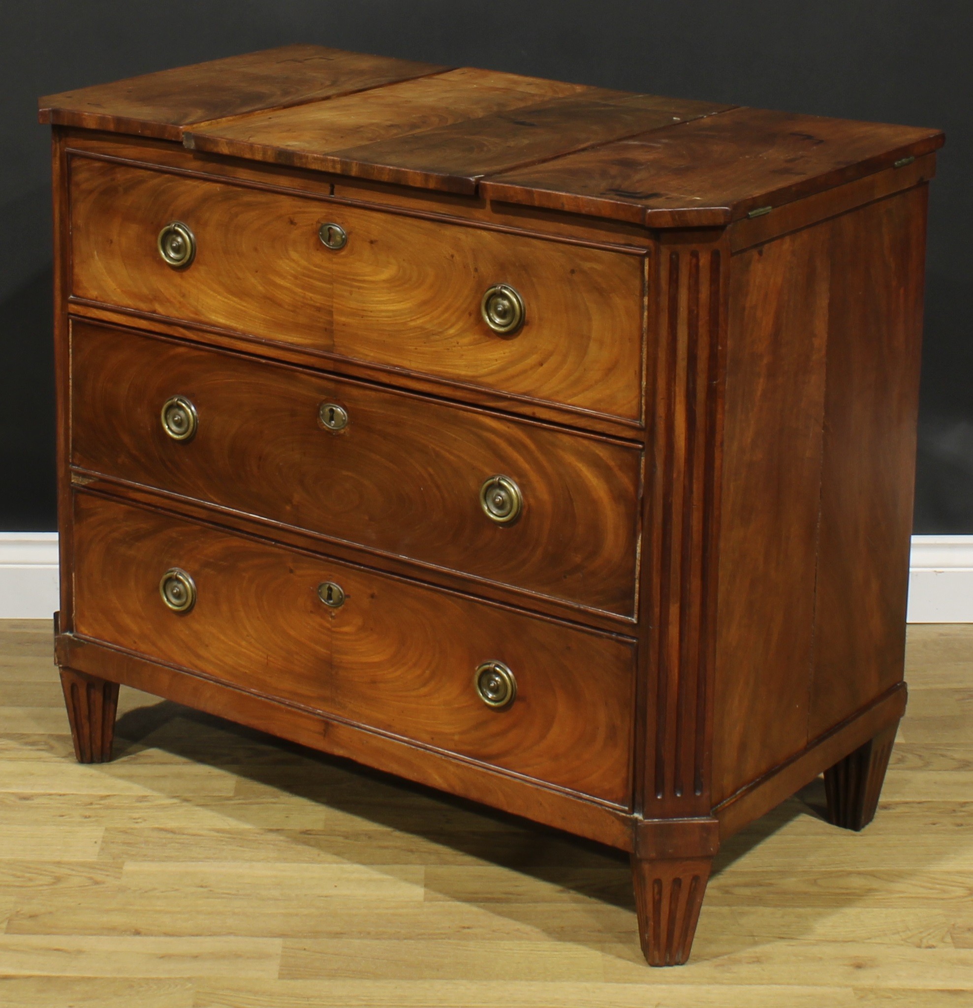 A 19th century Dutch mahogany dressing chest, tripartite hinged top, the centre enclosing a - Image 5 of 6